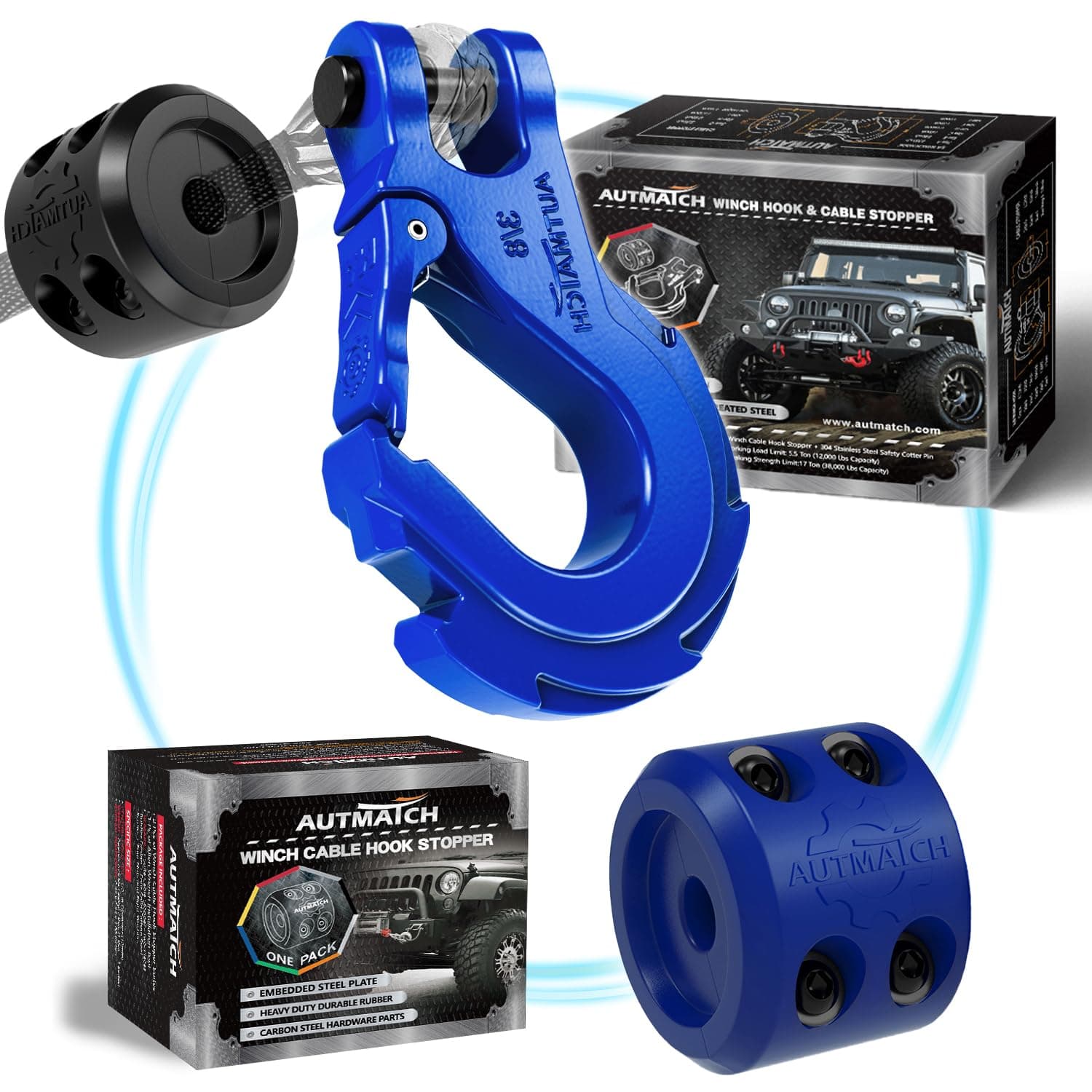 AUTMATCH 3/8" Winch Hook Safety Latch with Winch Cable Hook Stopper, Grade 70 Forged Steel Clevis Slip Hook, Max 39,600Lbs Work for Winch Rope, ATV, UTV, Off Road Vehicle, Blue