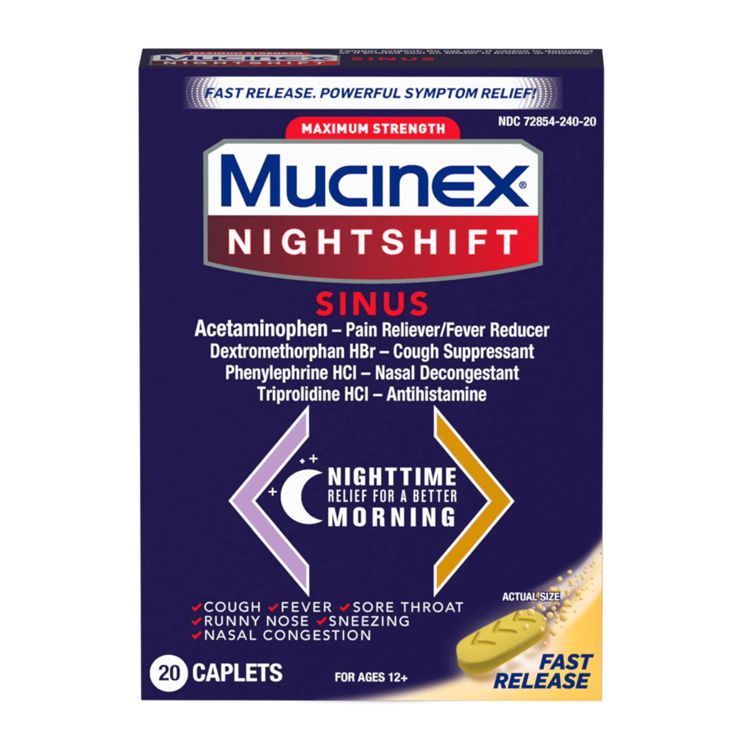 Nightshift Sinus, Maximum Strength Powerful MultiSymptom Night Relief, 20 Fast Release Caplets Pain Reliever/Fever Reducer, Cough Suppressant, Nasal Decongestant & Antihistamine
