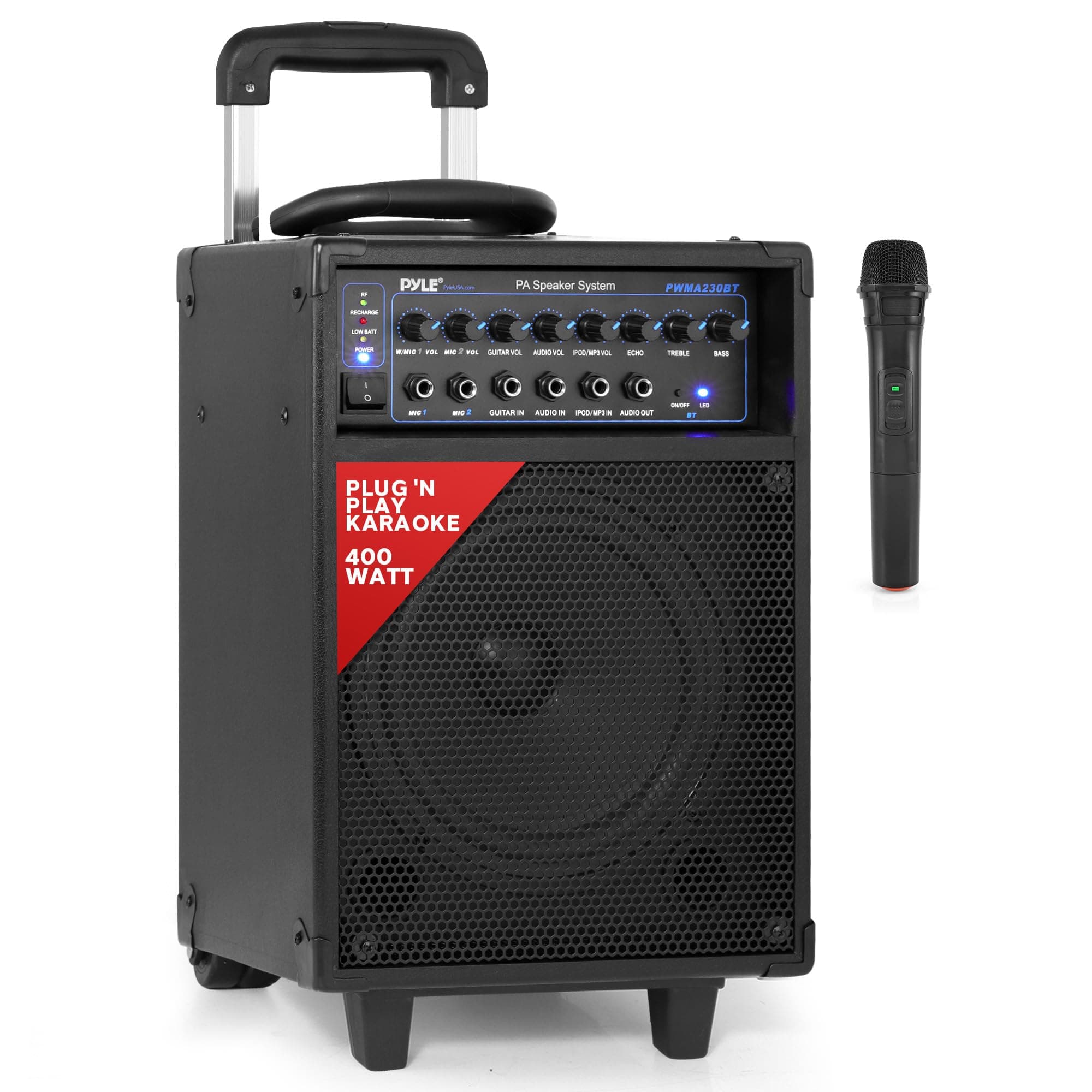 Pyle Wireless Portable PA System-400W Bluetooth Compatible Rechargeable Battery Powered Outdoor Sound Stereo Speaker Microphone Set w/Handle, Wheels-1/4 to AUX, RCA Cable (PWMA230BT)
