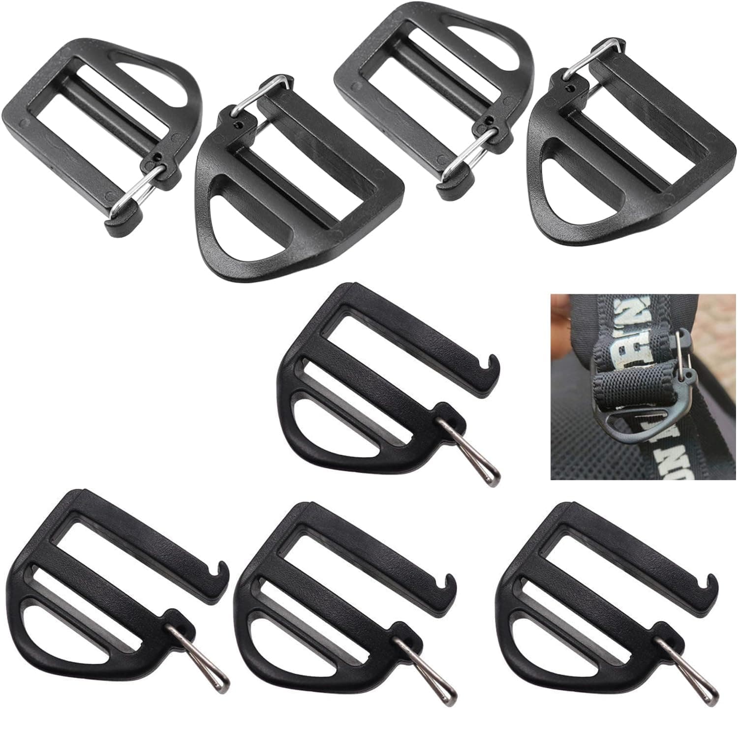 DraCra 8 Pack Webbing Hook Clip 25mm 1'' Strap Belt Buckle with Open Lock End Clasp Connector Slide Buckles Ladder Slider Replacement for Backpack Bag Molle Sewn Loop Hiking, Black, Black, 1 inch