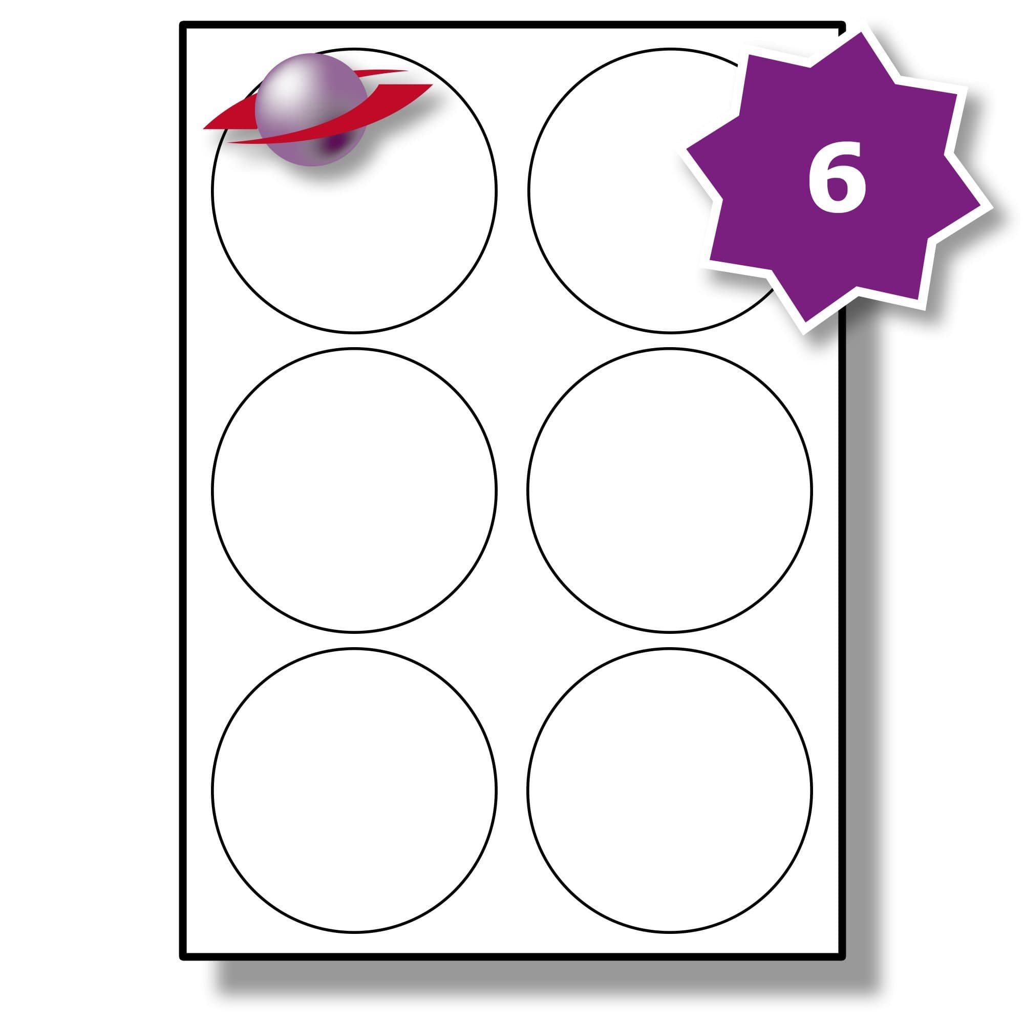Label Planet® 6 Per Page/Sheet, 50 Sheets (300 Round Sticky Labels), White Matt Paper A4 Circular Circle Pricing Stickers, for Laser/Copier/Inkjet Printer, UK LP6/85R, 85MM Diameter Circles