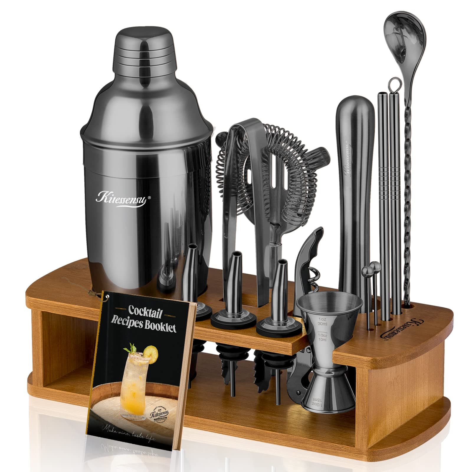 KITESSENSU Cocktail Shaker Set Bartender Kit with Stand | Bar Set Drink Mixer Set with All Essential Bar Accessory Tools: Martini Shaker, Jigger, Strainer, Mixer Spoon, Muddler, Liquor Pourers | Black