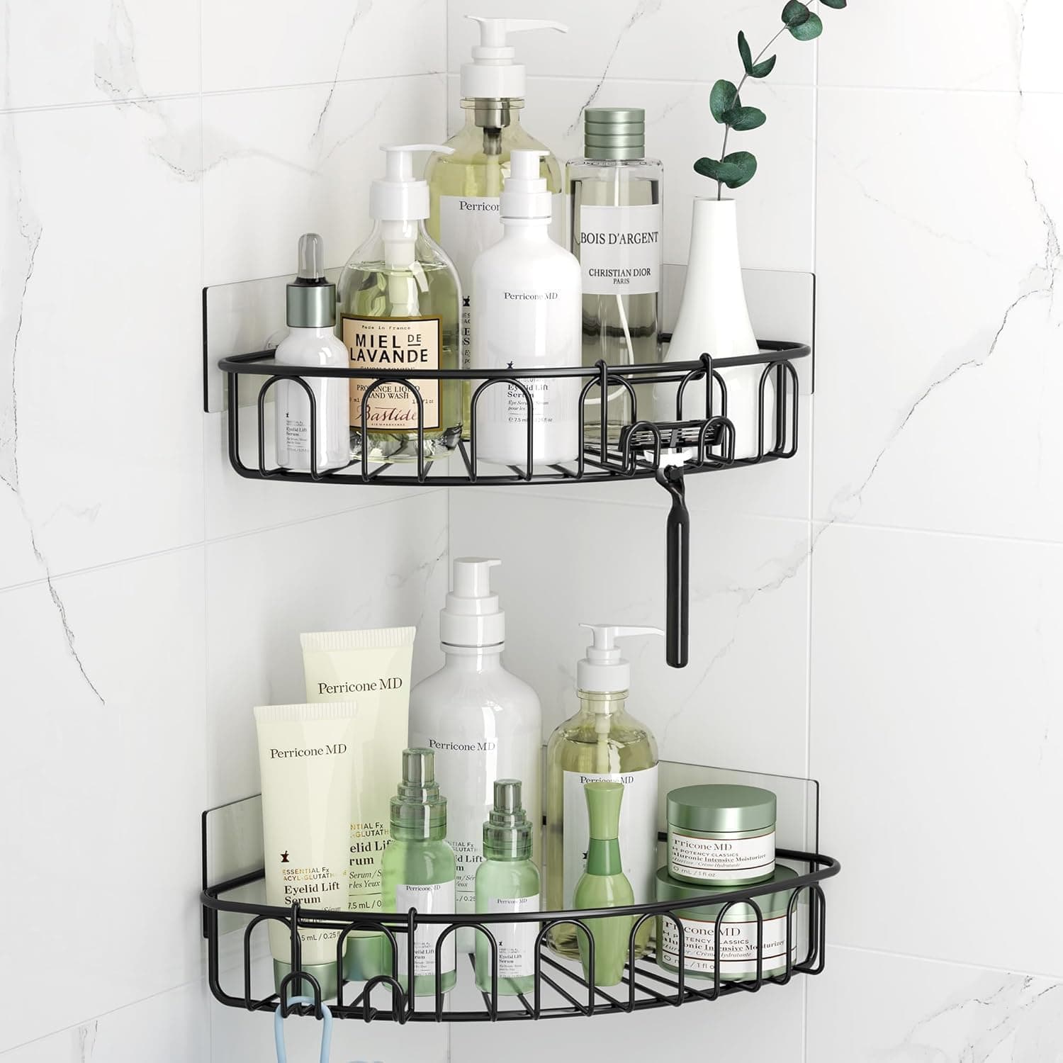 Orimade Corner Shower Caddy with 2 Hooks Wall Mounted Metal Bathroom Shelf Storage Organizer Adhesive No Drilling 2 Pack, Black Only for 90-Degree Corner