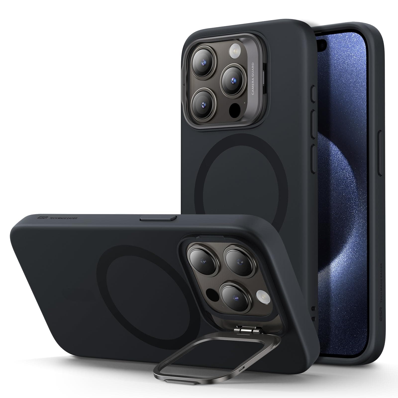 for iPhone 15 Pro Case, MagSafe Silicone Case with Stand, Military-Grade Protection, Built-in Camera Stash Stand, Magnetic Phone Case for iPhone 15 Pro, Cloud Series,Black