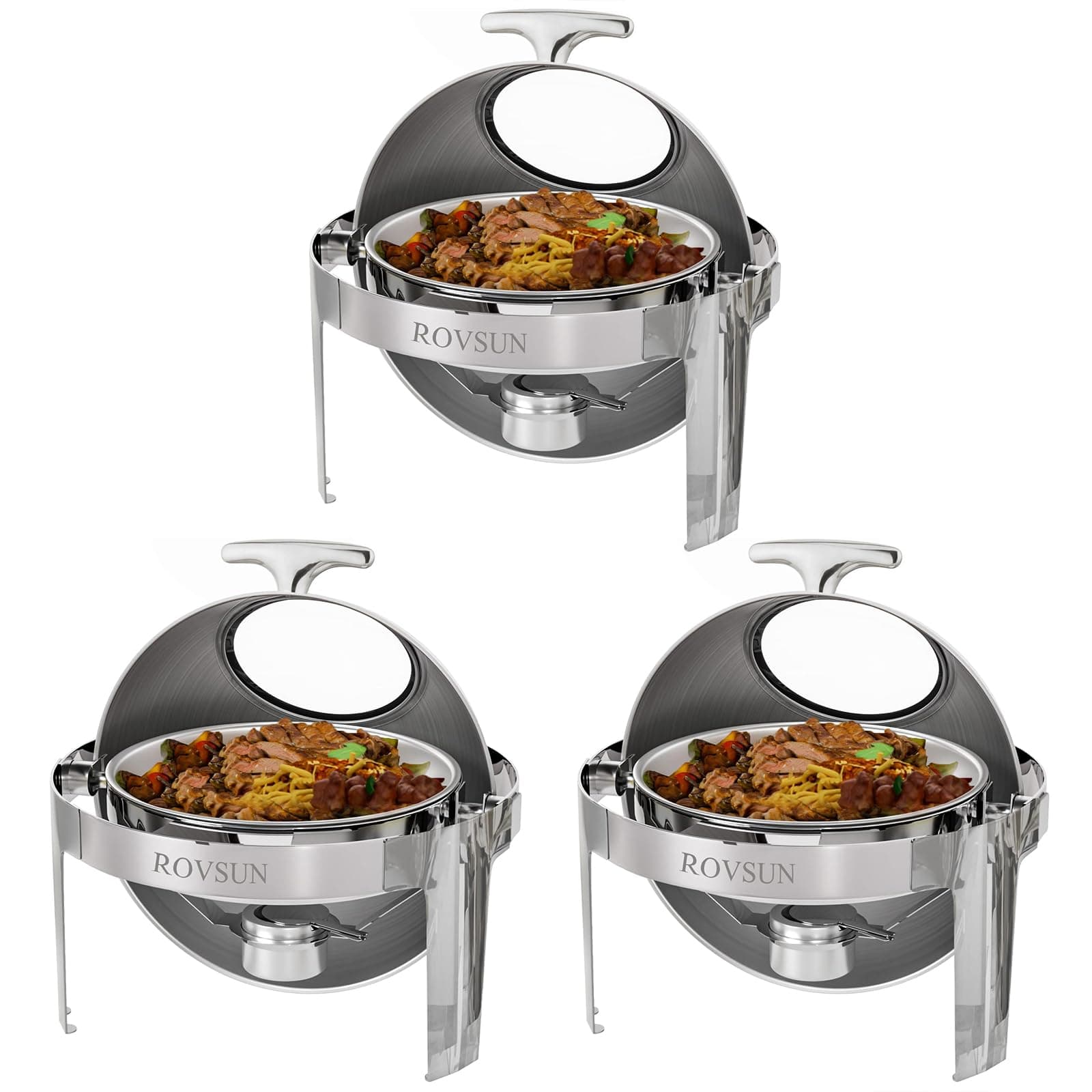 3 Packs Roll Top Chafing Dish Buffet Set,6 Quart Round Stainless Steel Chafer for Catering,Buffet Servers and Warmers Set with Glass Window for Wedding, Parties, Banquet, Events，Graduation