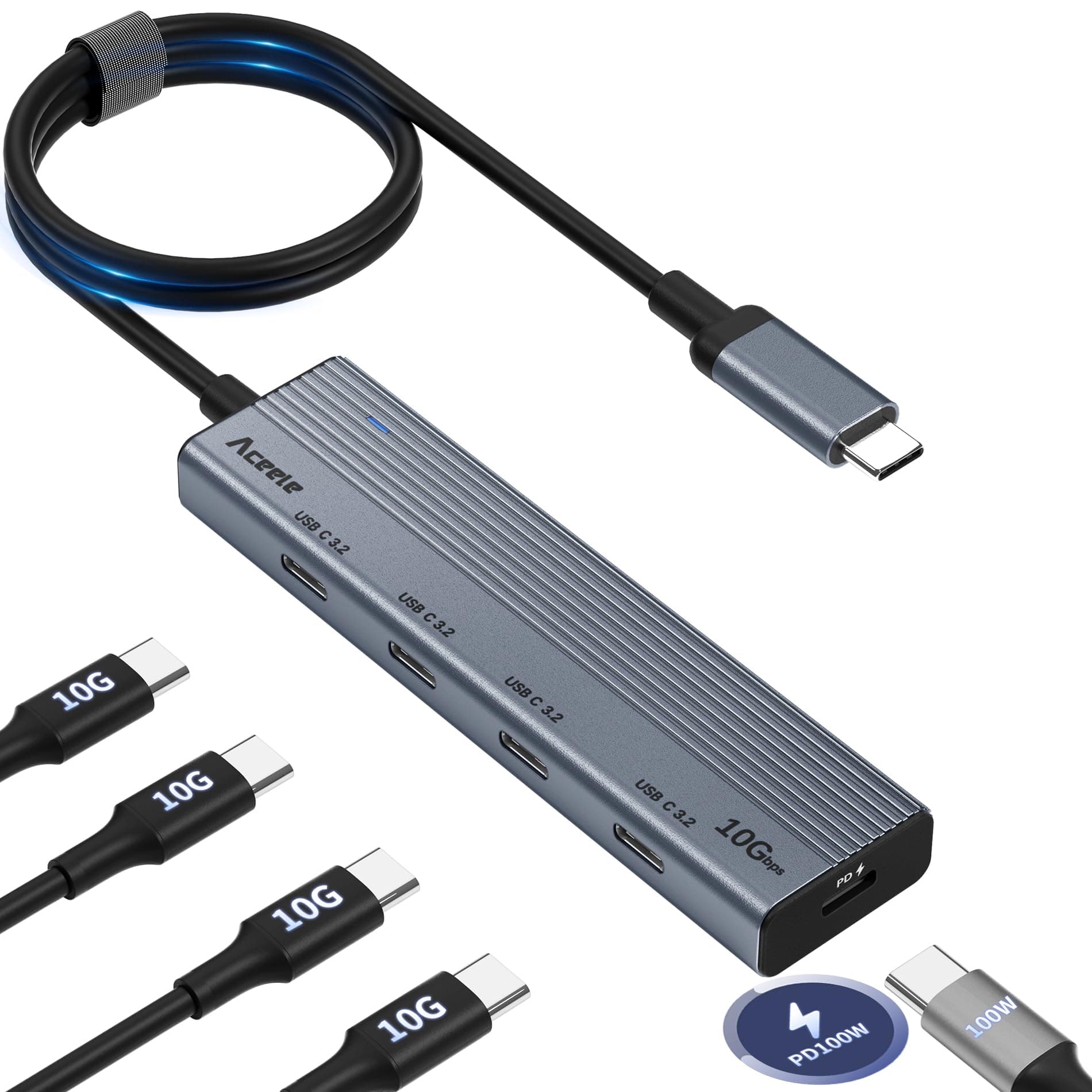 USB-C Hub 10Gbps with 4 Type-C Data Ports and 100W Power Supply, Powered USB 3.2 Gen 2 Splitter with 60 cm Long Cable for Laptops, MacBook Pro/Air, iPad Pro and More