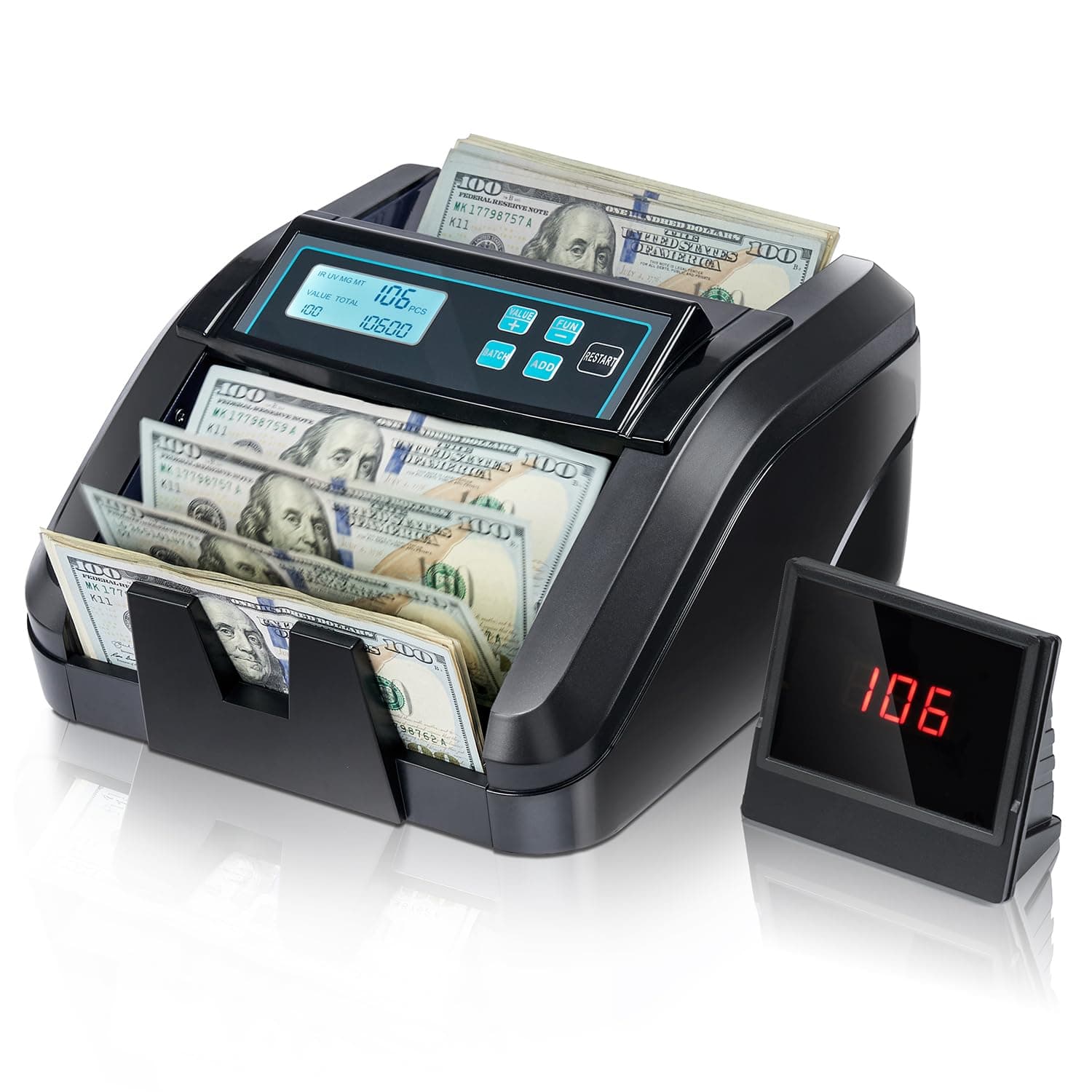 MUNBYN IMC51 Money Counter Machine Count Value, Add+Batch/Add+ Value Mode Bill Counter, UV/MG/IR/MT Detection, USD only Cash Counter,1100 Bills/min, Money Counting Machine with LCD Display (Black)