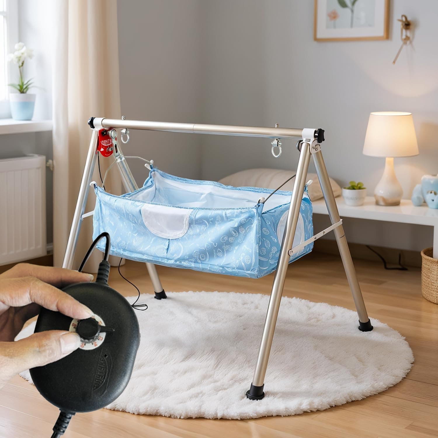 TINYTYKE Automatic Cradle for Baby - Electric Swing Cradle with Adjustable Speed - Fully-Foldable Frame with Blue Cloth and Mosquito Net - Baby Palna/Jhula for Kids of 0 to 3 Years - Carry Upto 20kgs