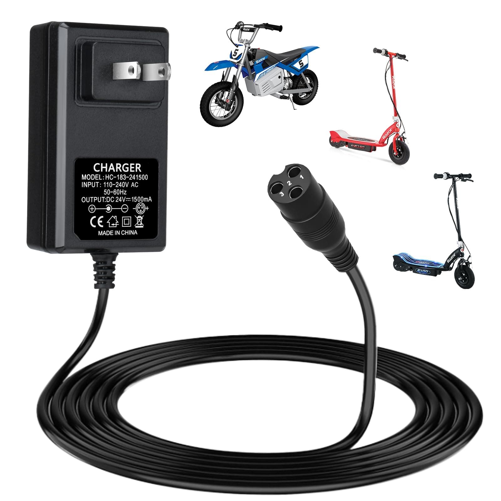 24V Electric Scooter Charger for Razor E300 E200 E150 E125 E100 MX350 Dirt Bike Pocket Mod Sports Mod Dirt Quad Motorcycle Razor Scooter Charger 3-Prong Inline Female Electric Battery Power Cord