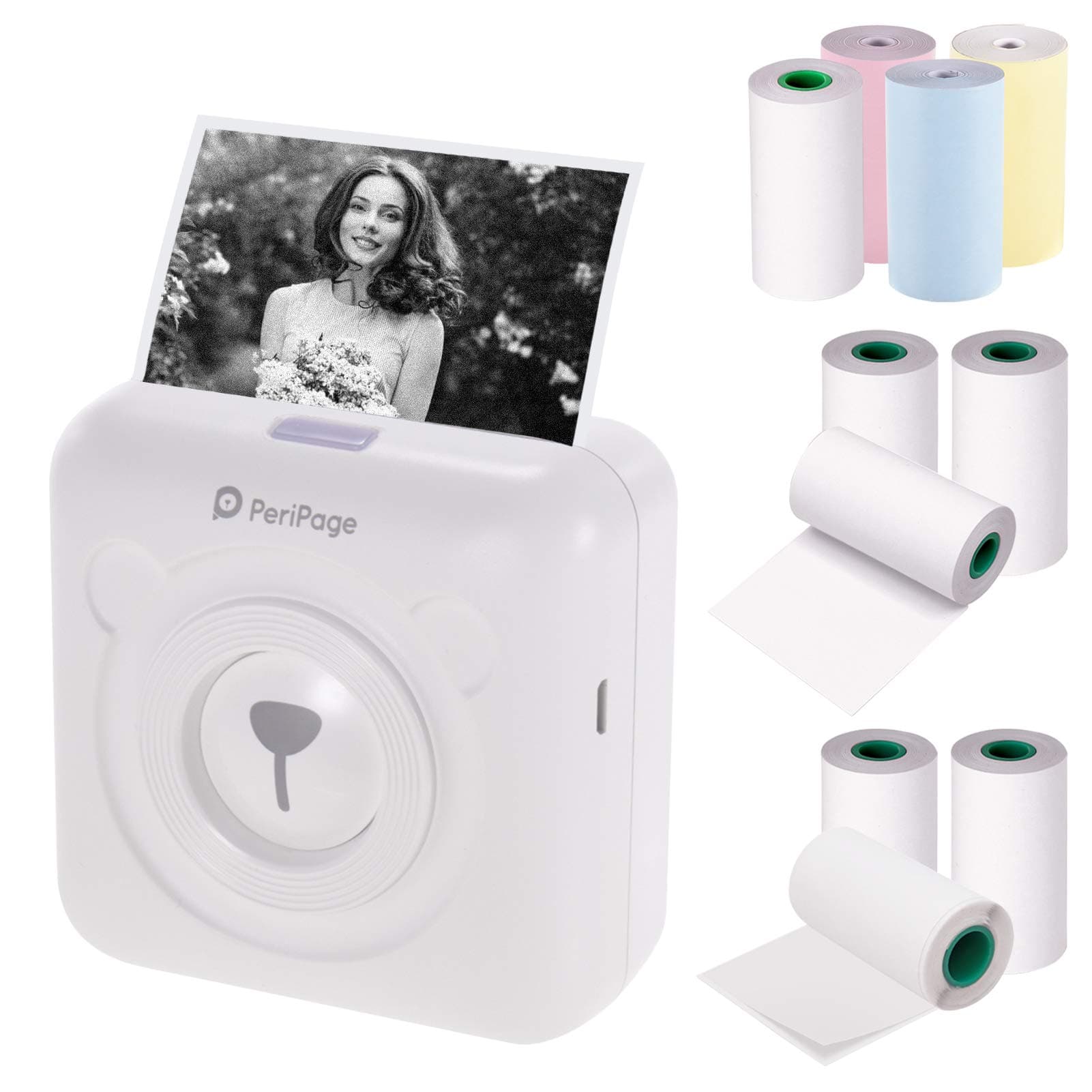 Aibecy PeriPage Mini Printer, BT Thermal Printer Picture Label Memo Receipt Paper Printer + 3 Rolls Color Thermal Paper + 3 Rolls White Adhesive Sticker Paper + 3 Rolls White Thermal Paper No Adhesive