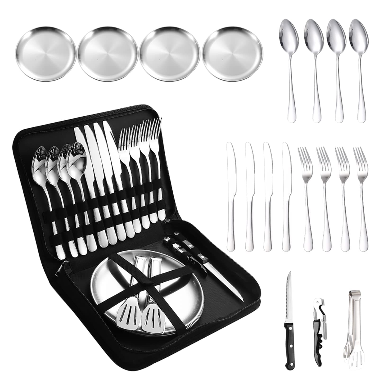 Camping Silverware Silver Picnic Plates and Utensils Set for 4 Portable Tableware Stainless Steel Dinnerware 20 Pieces With Organizer Bag Reusable Durable