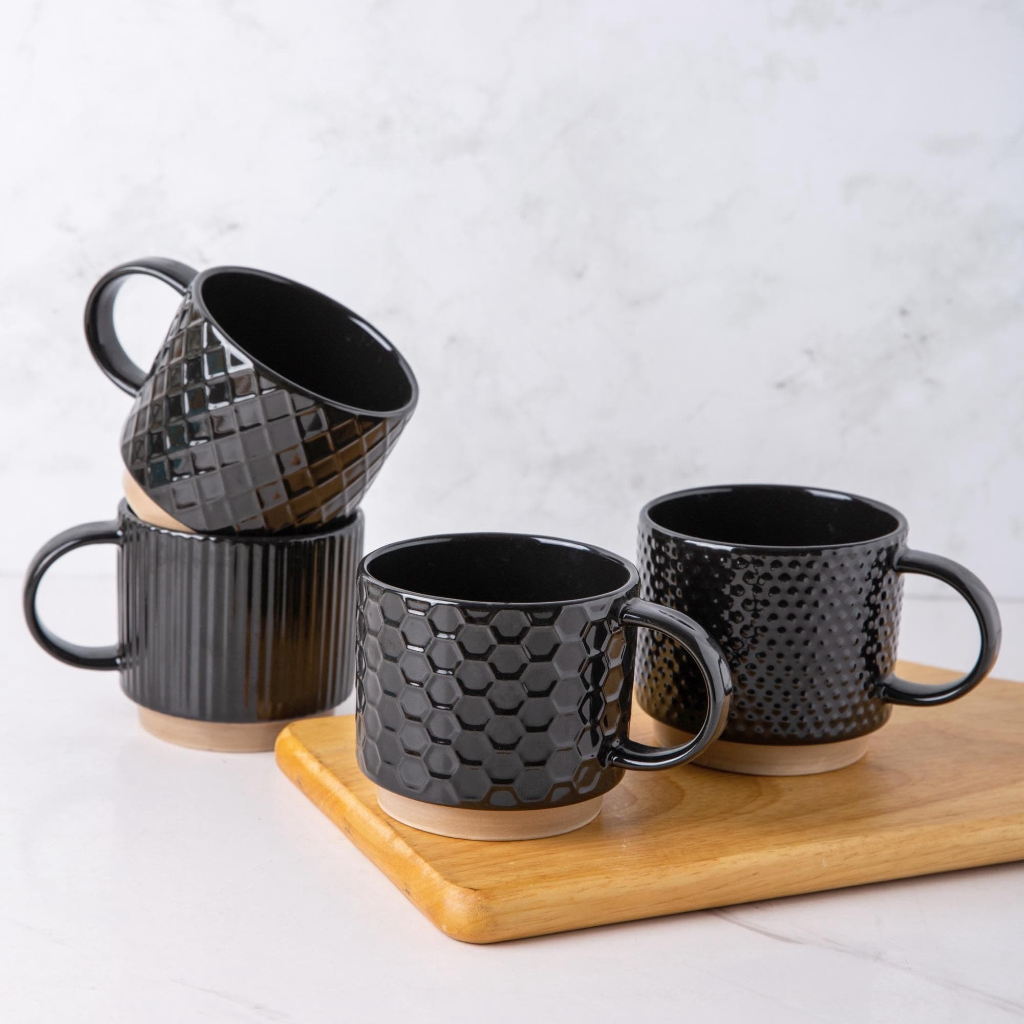 15OZ Stackable Coffee Mugs, Ceramic Coffee Mugs with Texture Patterns for Man,Woman,Dad,Mom, Modern Coffee Cups Set of 4 for Latte/Cappuccino/Cocoa. Dishwasher&Microwave Safe,Black