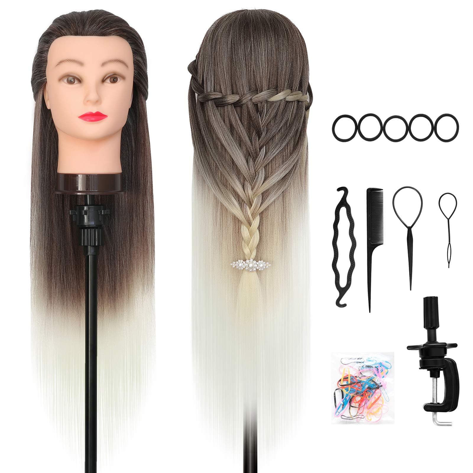 Training Head, DanseeMeibr Plus 26-28 Inch 100% Synthetic Fiber Hair Silky Hairdressing Head Professional Ombre Mannequin Dolls Head for Styling Practice with Table Clamp+ Braid Set