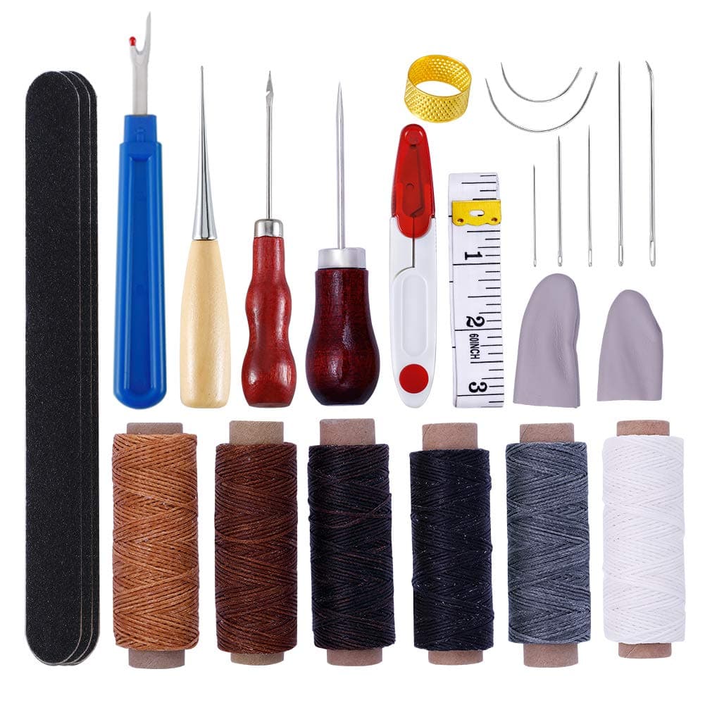 Jupean Leather Hand Sewing Tools, Leather Tools Craft Kit with Hand Upholstery Needles Leather Sewing Waxed Thread Drilling Awl and Seam Rippers DIY Hand Stitching Tool Set for Beginner