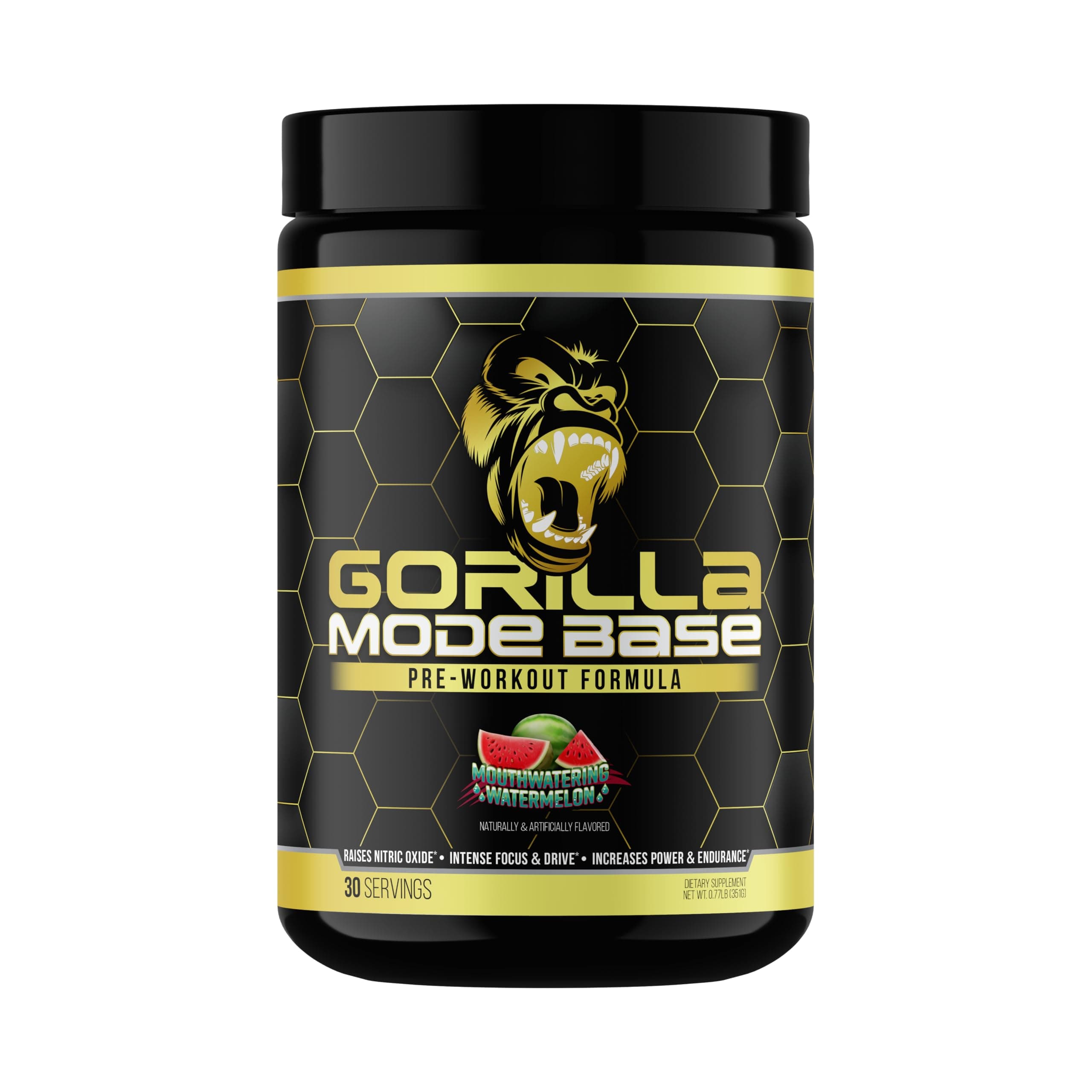 Gorilla Mode Base Pre Workout - Raises Nitric Oxide · Intense Focus & Drive · Endurance · Power - L-Citrulline, L-Tyrosine, Betaine, Alpha-GPC, Caffeine, Huperzine A - 360 Grams (Watermelon)