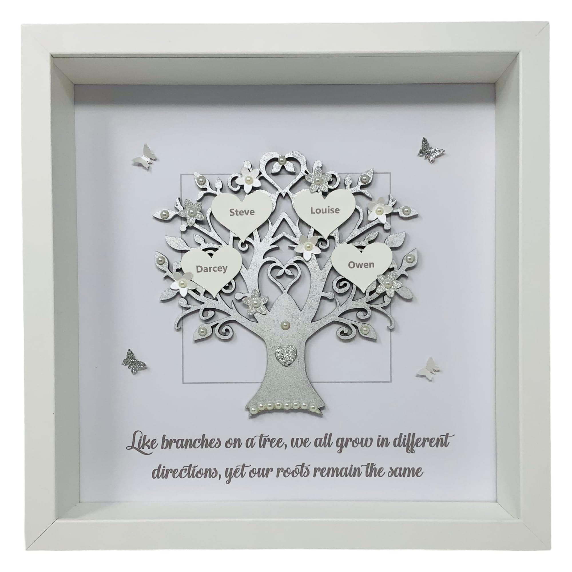 Personalised Quote 'Like Branches On A Tree' Family Tree 3D Box Picture Frame Up To 14 Names - 3 Colours To Choose (Silver)