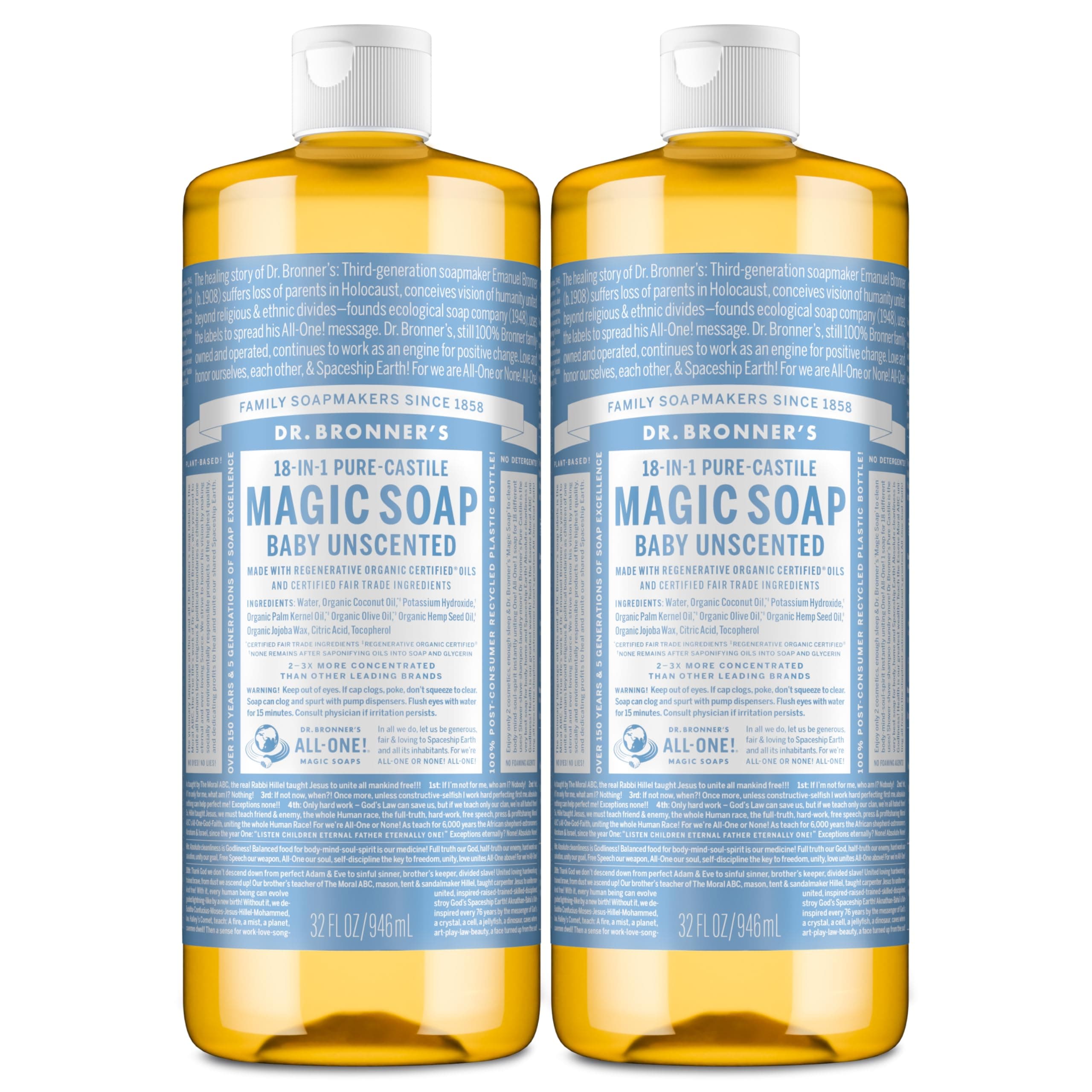 Dr. Bronner's Magic Soaps Pure-Castile Soap, 18-in-1 Hemp Unscented Baby Mild, 32-Ounce Bottles (Pack of 2)