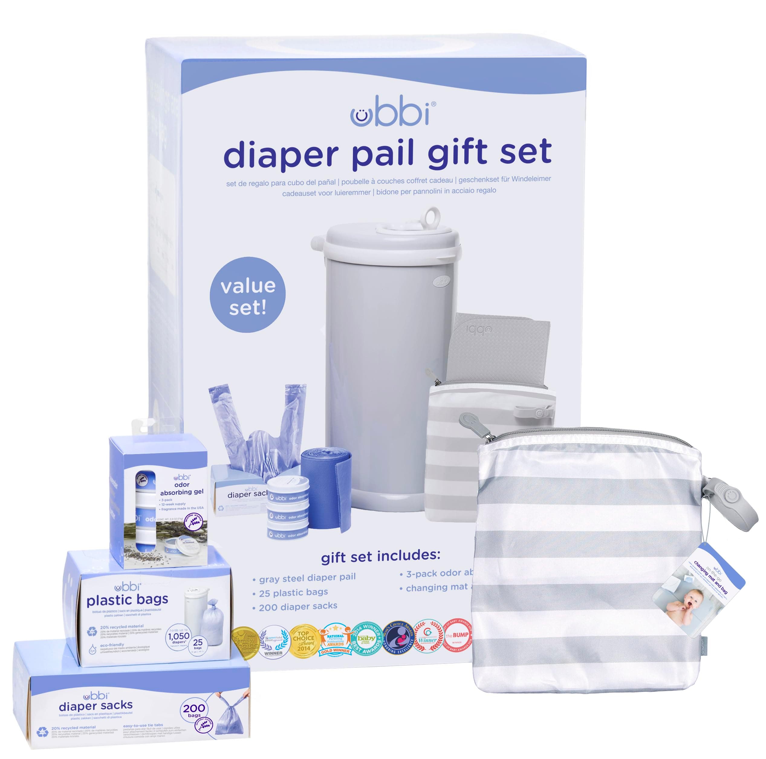 Diaper Changing Value Set, Odor Locking Modern Design Baby Accessory, Must Have Set Includes Grey Diaper Pail, Diaper Sacks, Odor Absorbing Gel, Travel Changing Mat and Diaper Pail Waste Bags