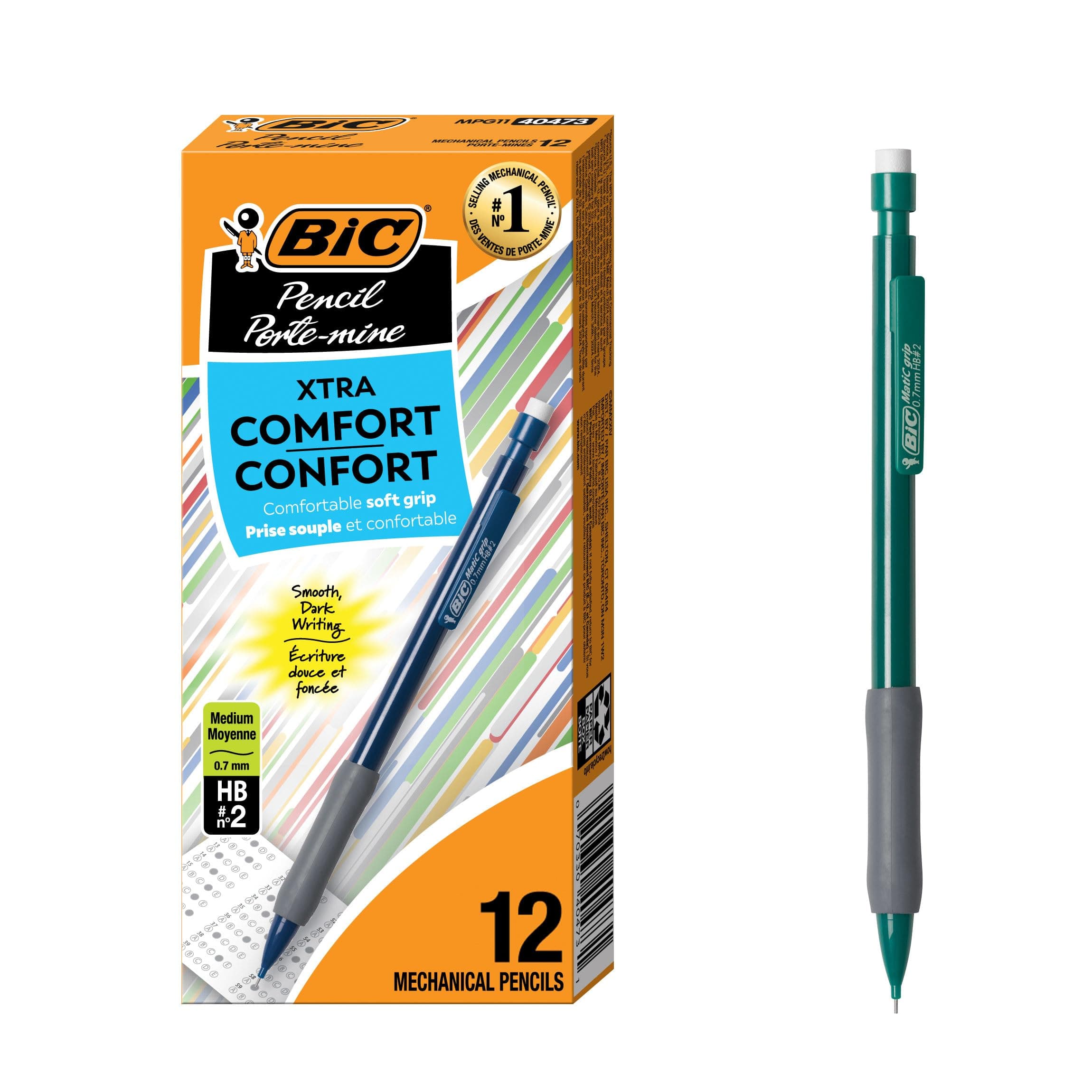 BIC Xtra Comfort Mechanical Pencils with Erasers, Medium Point (0.7mm), 12-Count Pack, Bulk Mechanical Pencils for School or Office Supplies