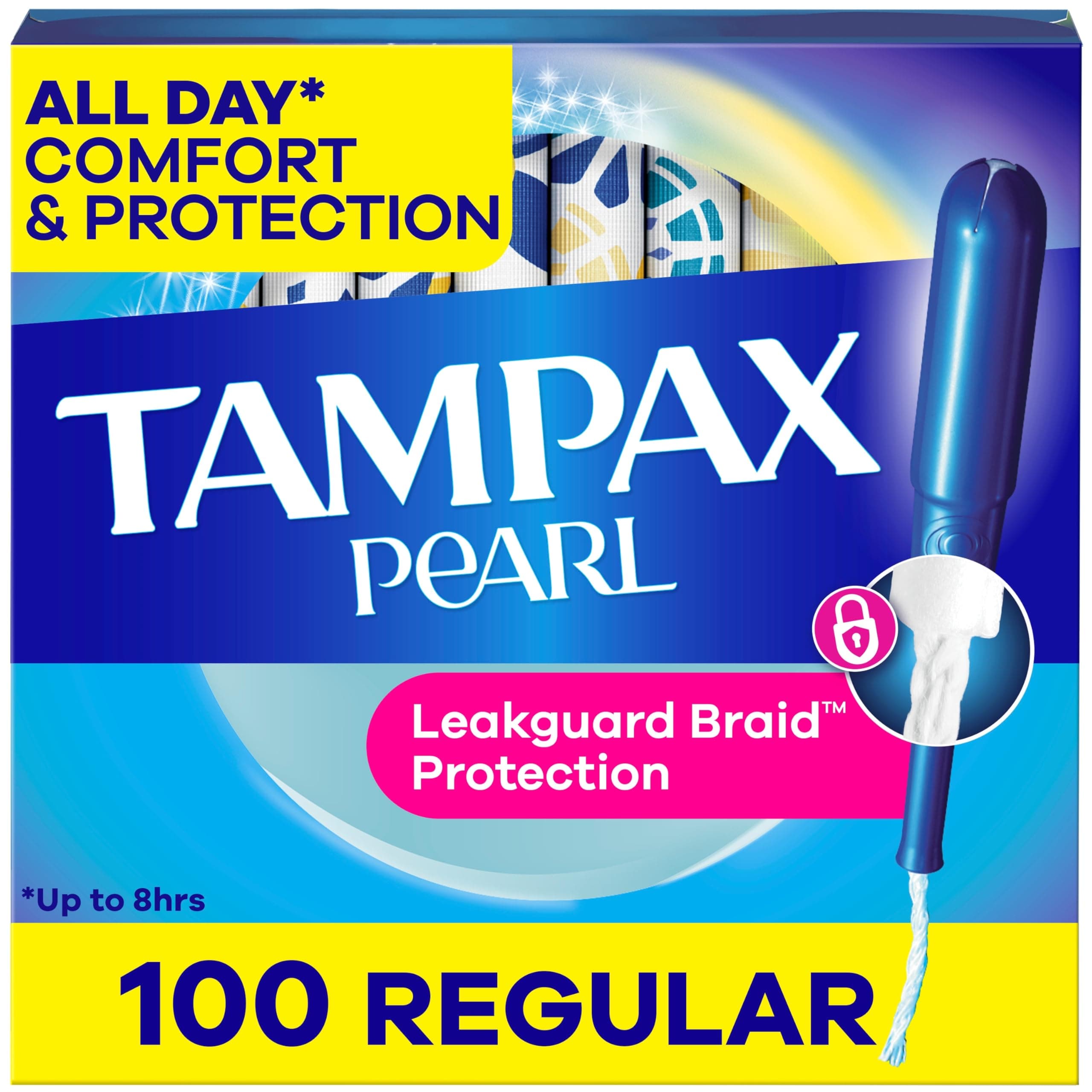 Pearl Tampons Regular Absorbency, with Leakguard Braid, Unscented, 50 Count x 2 Packs (100 Count Total) (Packaging May Vary)