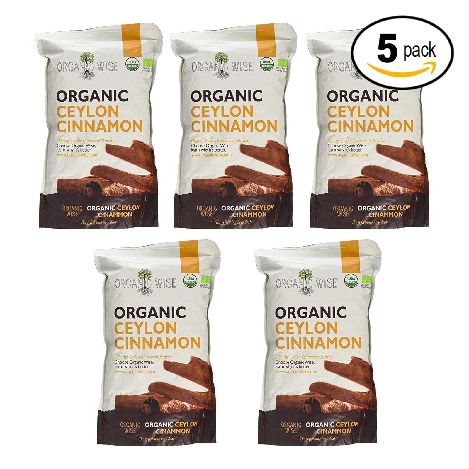 Organic Wise Ceylon Cinnamon Ground Powder, 1 lb-From a USDA Certified Organic Farm and Packed In The USA-5 Pack Bundle