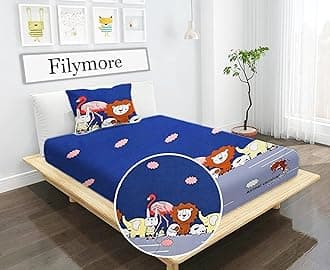 Animal Carnival Single Bedsheet for Kids Animal Cartoon Bedsheet for Kids Room Made with Microfiber(Size 60 X 90 Inches) 1 Bedsheet with 1 Pillow Cover (Color-Blue and Grey)