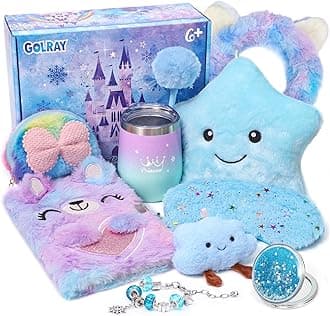 Golray Gifts for Girls Age 6 7 8 9 10, Girls Toys Gift Set with Cute Fuzzy Bear Diary with Lock & Pen, Light Up Star Pillow, Water Cup & Fluffy Accessories, Winter Christmas Birthday Gifts for Girl