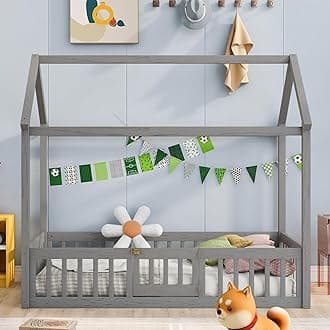 SOFTSEA Twin House Floor Bed with Fence Wood House Bed Frame for Kids with Fence and Door, Canopy Bed Frame for Boys and Girls, No Box Spring Needed, Gray Wash