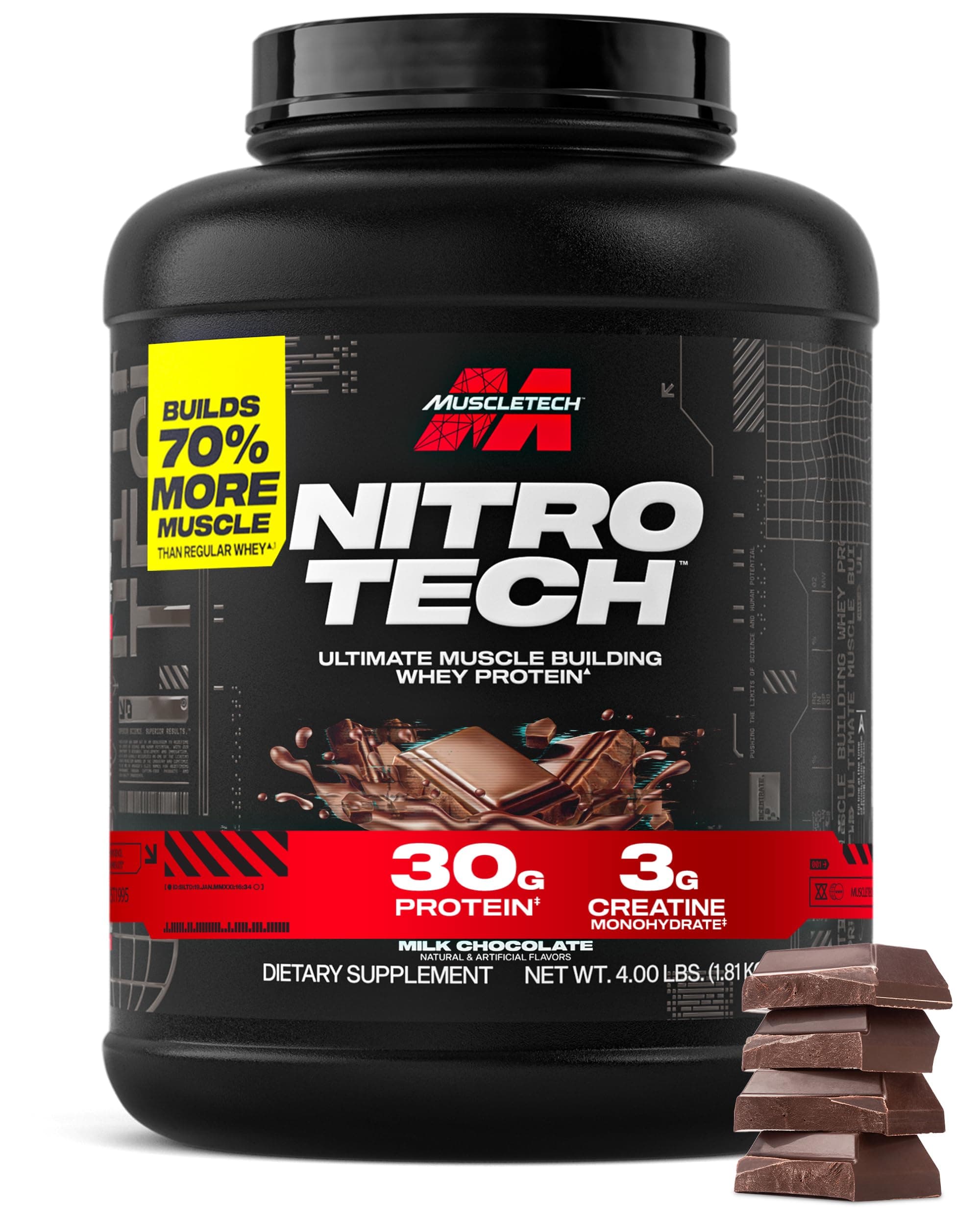 Whey Protein Powder (Milk Chocolate, 4 Pound) - Nitro-Tech Ultimate Muscle Building Formula with Whey Protein Isolate - 30g of Protein, 3g of Creatine & 6.8g of BCAA - Packaging May Vary