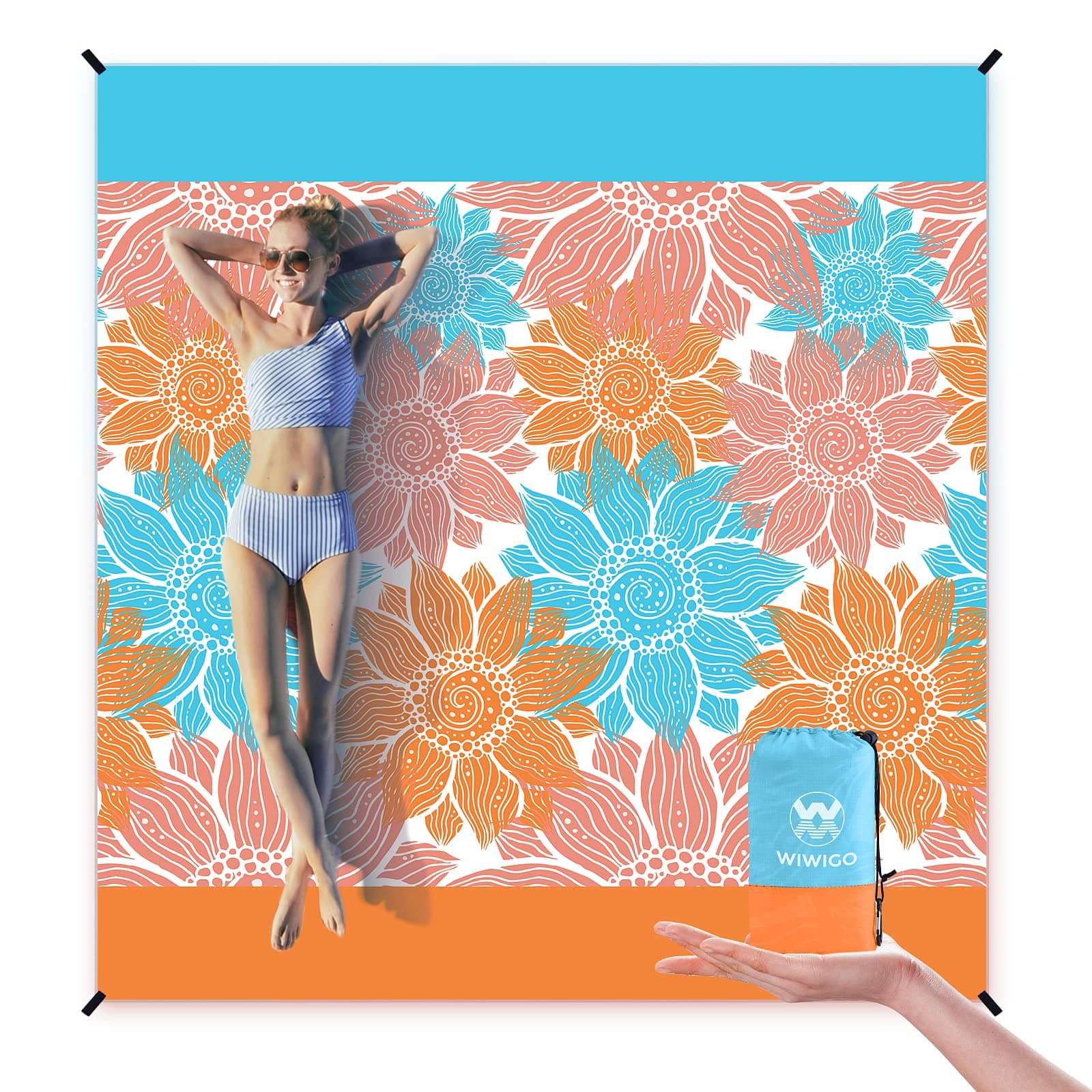 Beach Blanket Sandproof Extra Large Beach Mat Adults Waterproof Quick Drying Sand Free Mat Made by Premium Polyester with 4 Stakes & 4 Corner Pockets for Outdoor Travel Camping Hiking