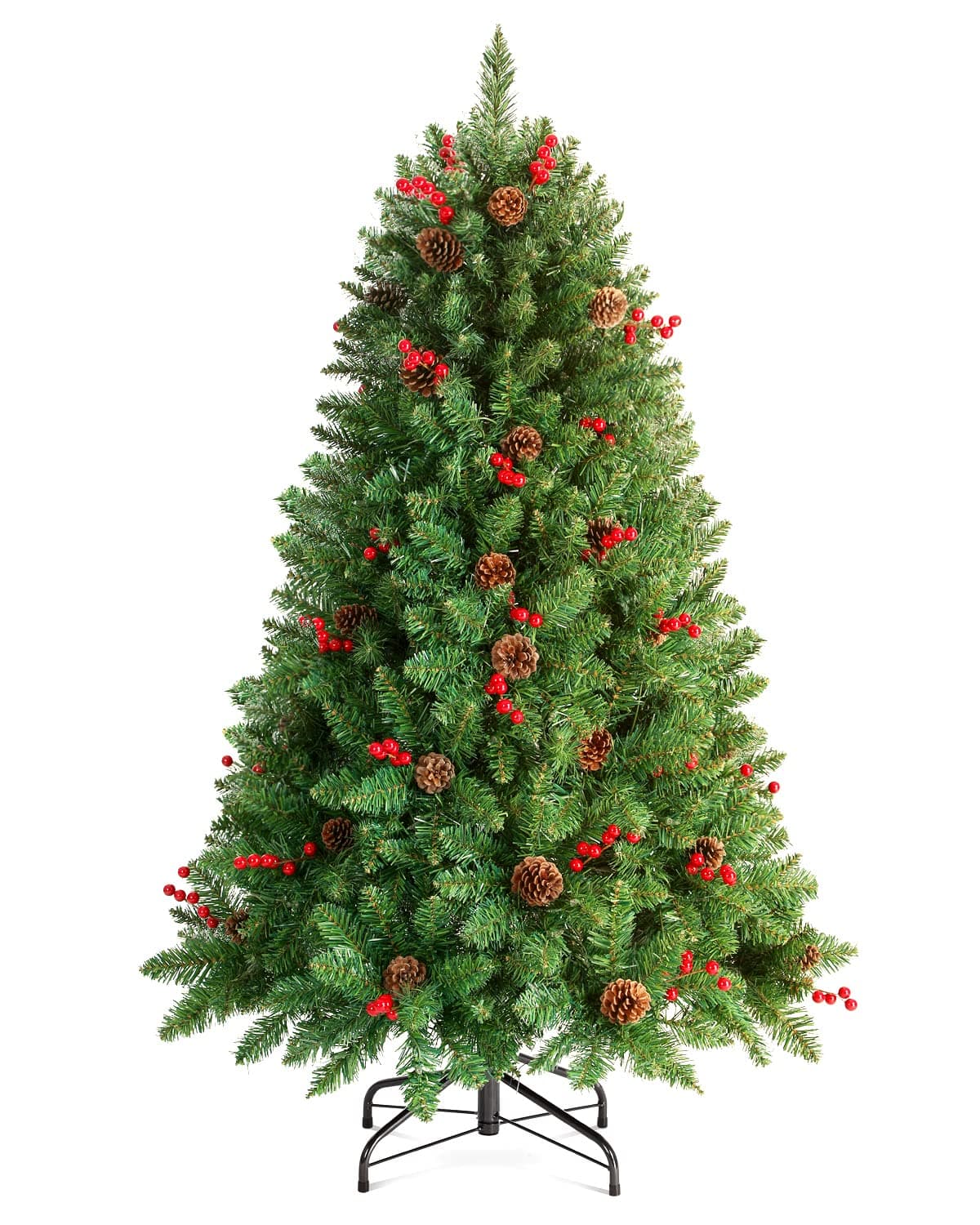 4.5FT Prelit Christmas Tree, Small Christmas Tree Pre-Decorated with Pinecones and Berries (300 Clear Warm Lights and Realistic 516 Thicken Tips, Sturdy Metal Base)