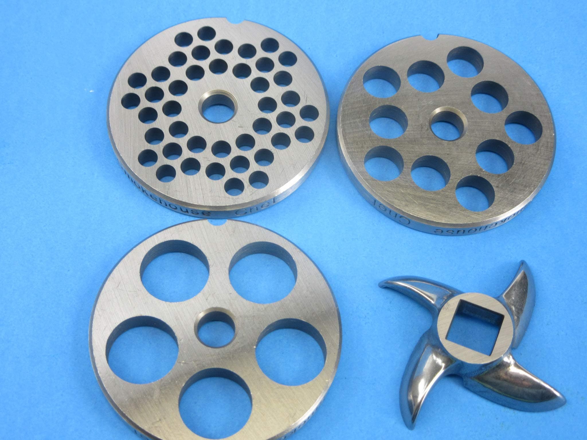 4 pc SET size #12 meat grinder plates and knive for LEM Cabelas Weston etc. 3/4 HP