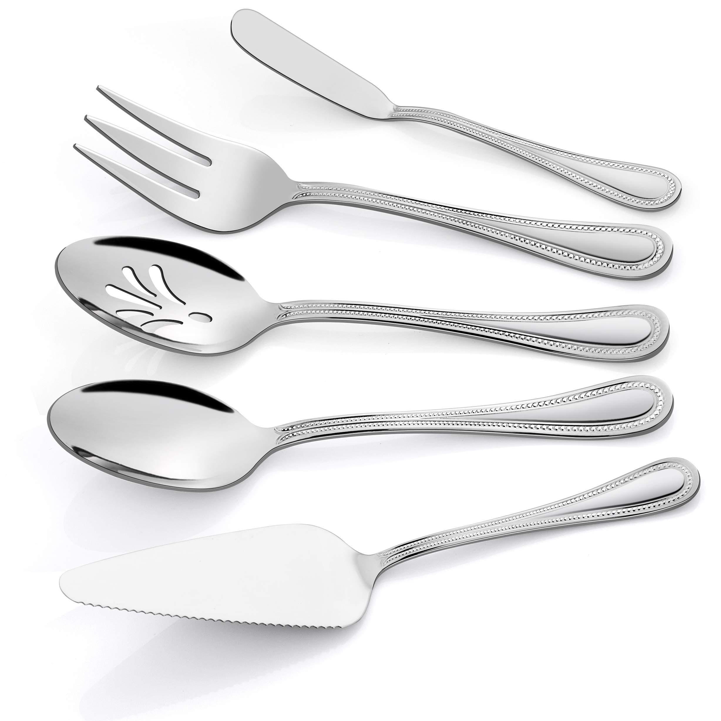 HaWare Serving Utensils, Stainless Steel Silverware Serving Set 5 Pieces, Pearled Edge Hostess Serving Set for Buffet Party Kitchen Restaurant, Mirror Finished & Dishwasher Safe