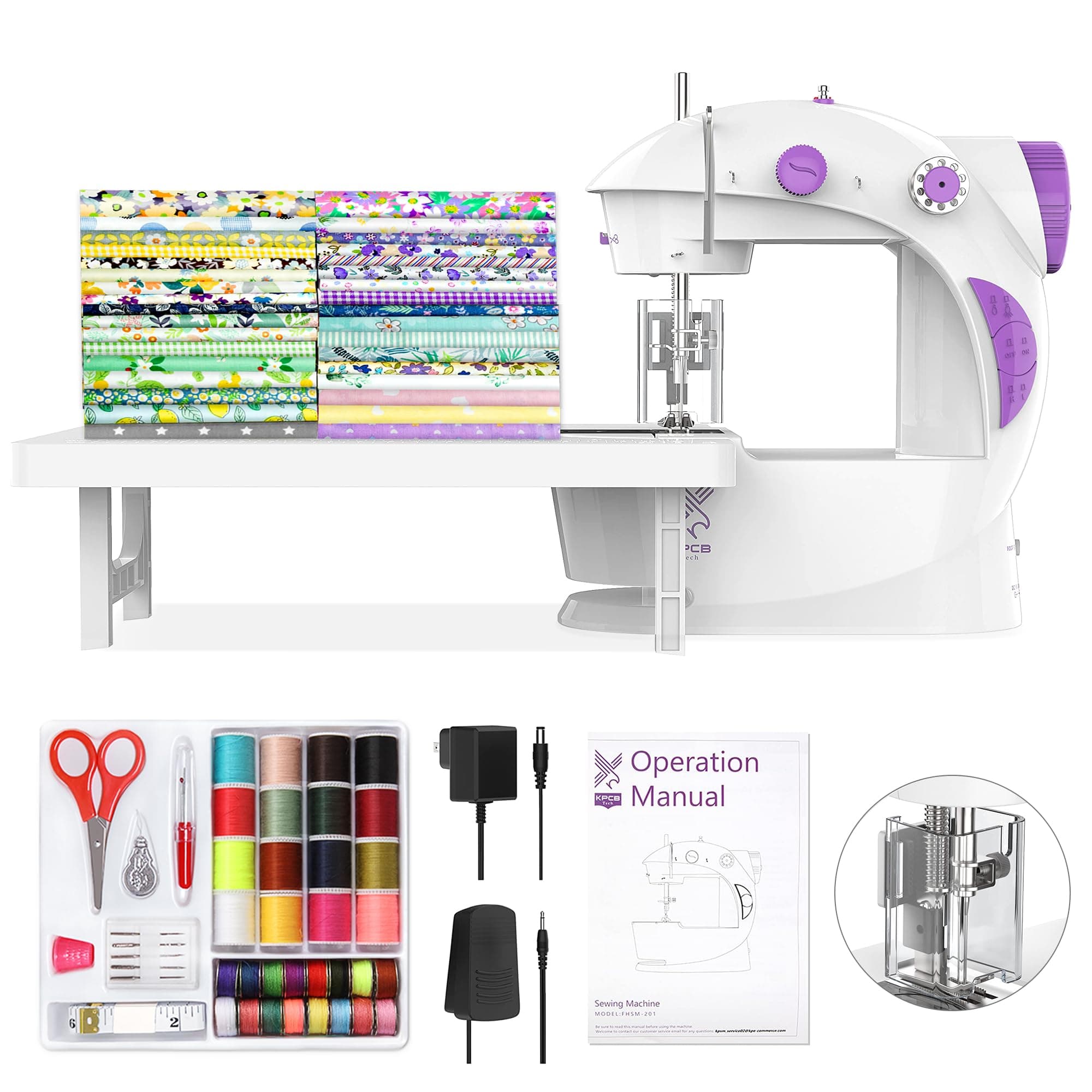 KPCB Tech Sewing Machine for Beginners [Full Set] with Finger Guard and Fabric Bundles - Mini Sewing Machine with Sewing Kits, Foot Pedal, US Adapter and Extension Table