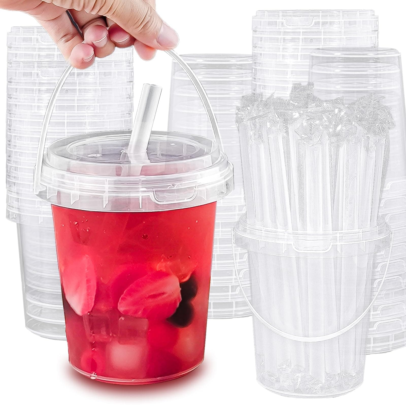 30 Sets - 34 oz Plastic Cups with Lid and Straw,Disposable Coffee Cups with Lids for Iced Coffee,Smoothie,Milkshake,Cold & Hot Drinks, Sturdy/Food Safe/Reusable Clear Party Cups for Pool, Beach Party