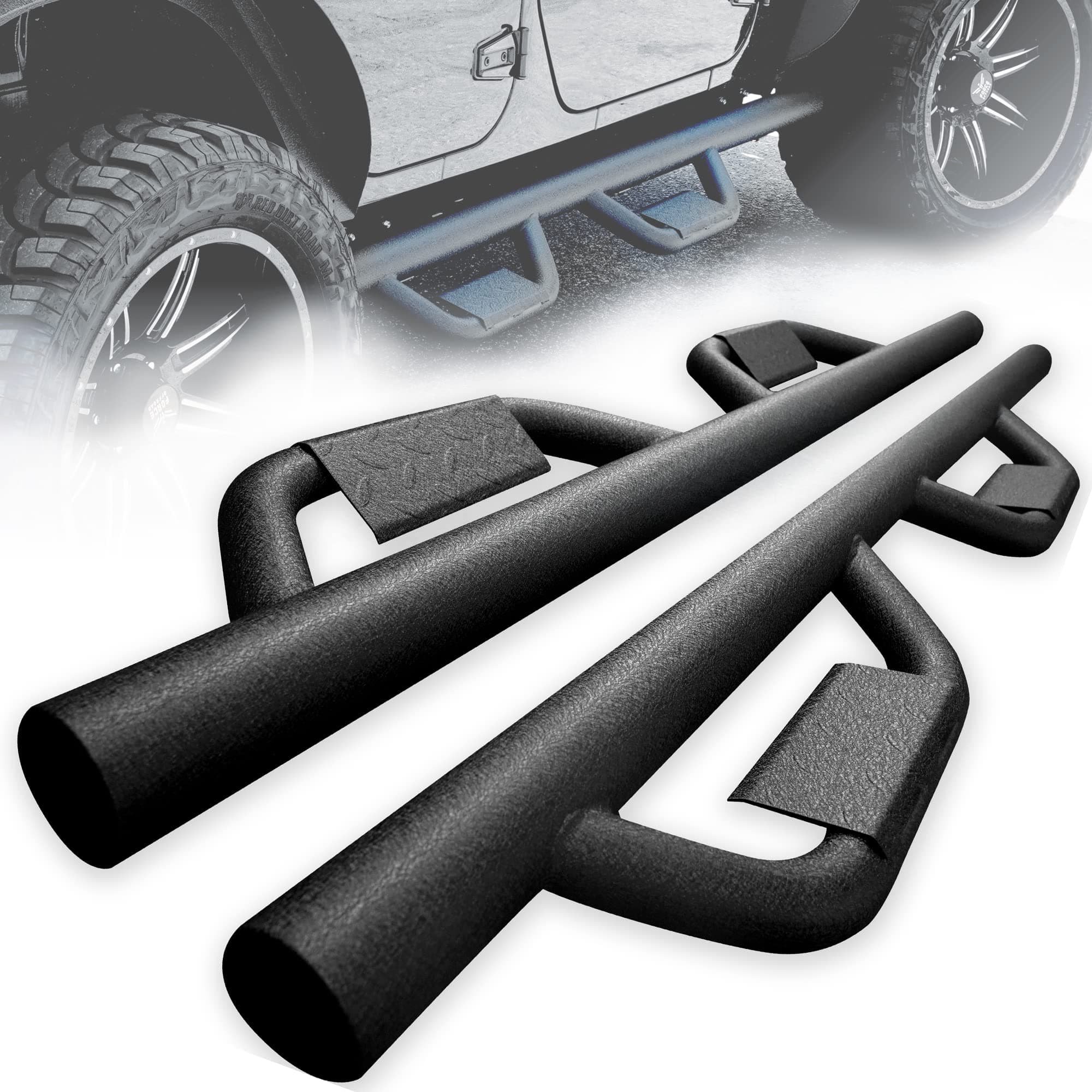 SUPERDRIVE 10'' Running Boards Step Bars Compatible with 2007-2018 Jeep Wrangler JK&JK Unlimited 4 Doors, Rock Slider with Dual Drop Steps Black Powder Coated Heavy Duty Textured Nerf Bars Side Steps