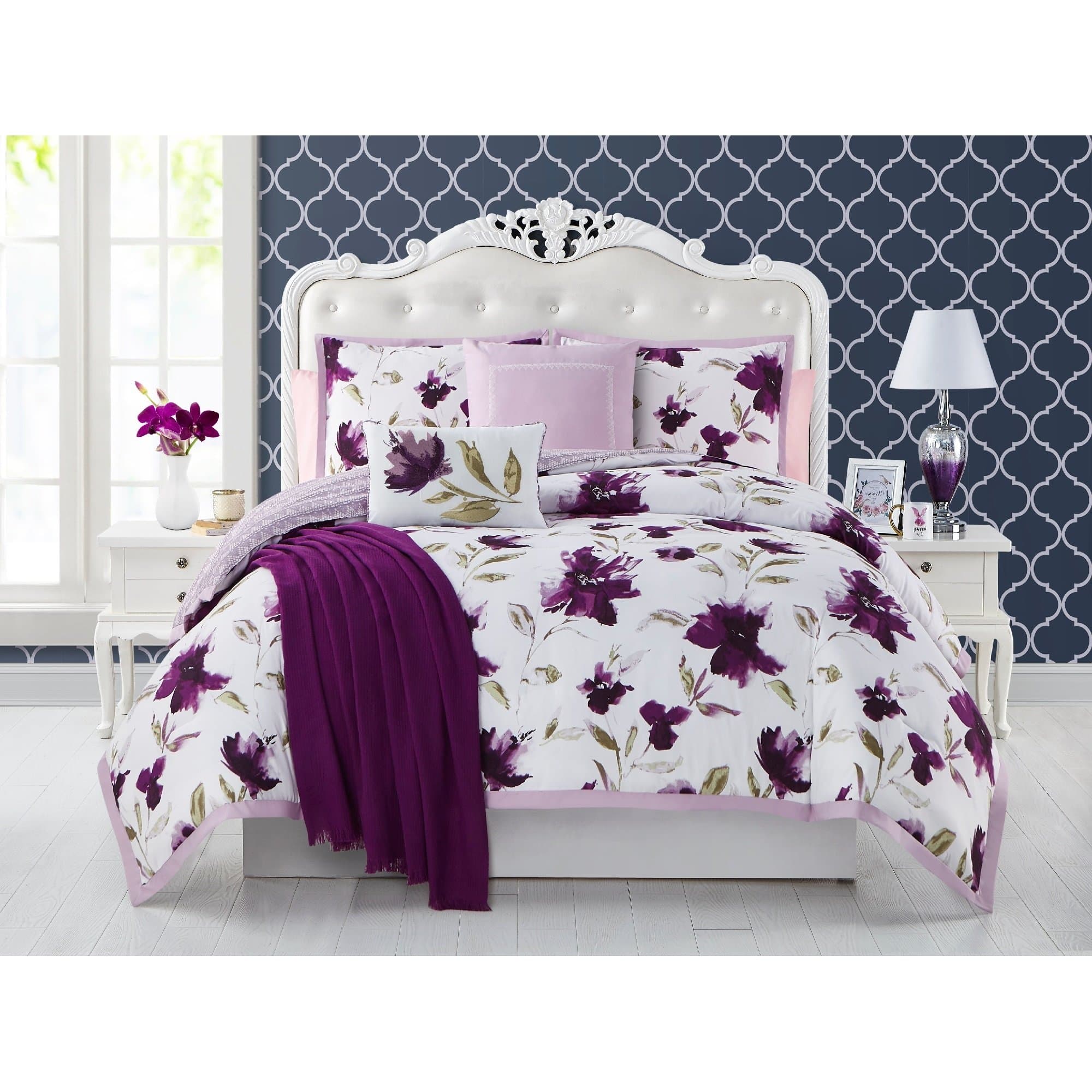 6 Piece Graphic Botanical Orchids Theme Reversible Comforter Set Queen Size, Printed Garden Flowers Leafs Petals Bedding, Elegant Classic Nature Lovers Design, Lush Floral Artwork Motif, Berry Purple