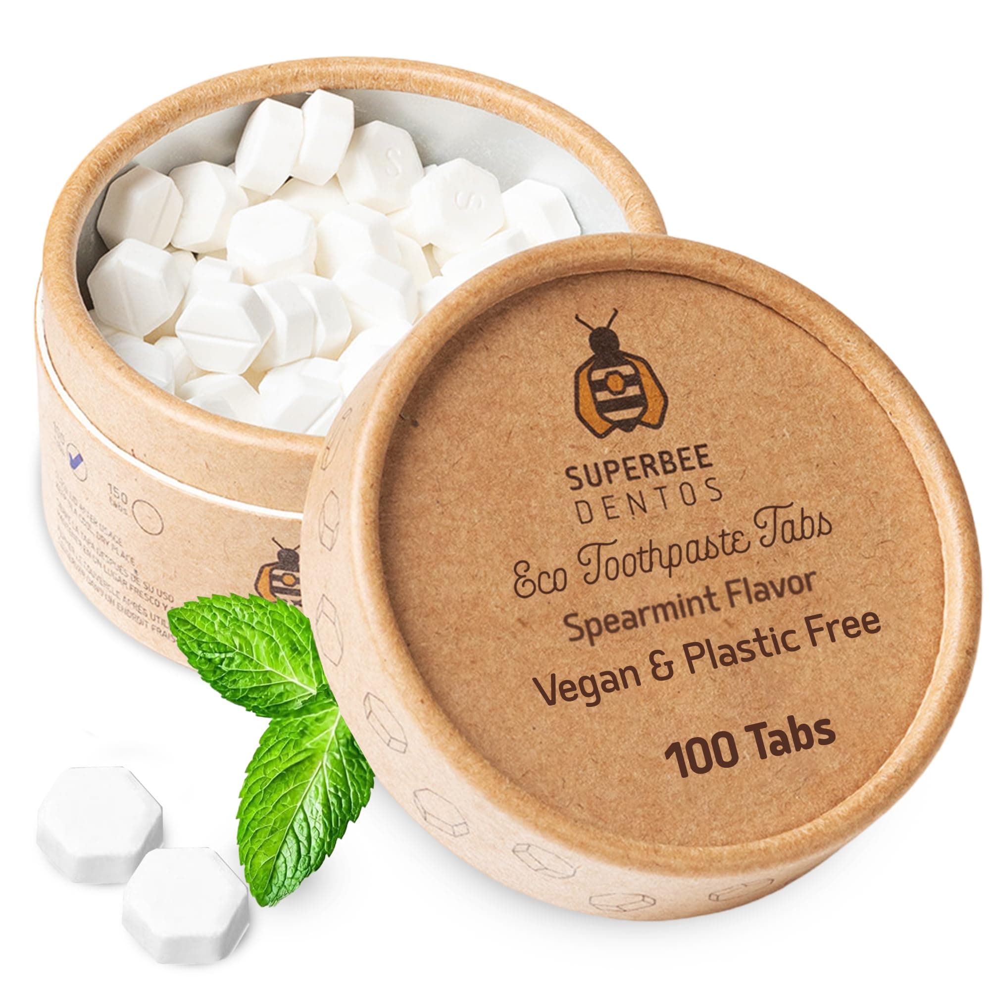 – SuperBee Dentos Toothpaste Tablets, 100 Tabs, Fluoride Free & Eco Friendly, Travel Mouthwash Tablets, Sensitive Bites Kids Adults, Chewable Tablet, Spearmint