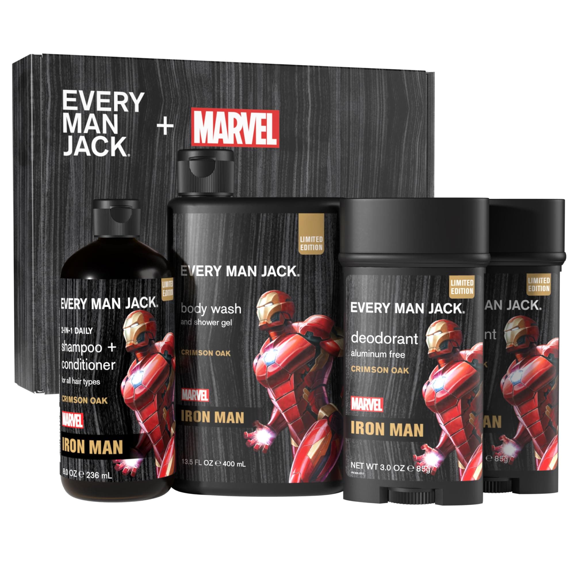 Every Man JackIron Man Body Set - Perfect for Every Guy & Marvel-Lover - Bath and Body Marvel Gift Set with Clean Ingredients & Incredible Scents - Includes Body Wash, Shampoo & Deodorant 2-Pack