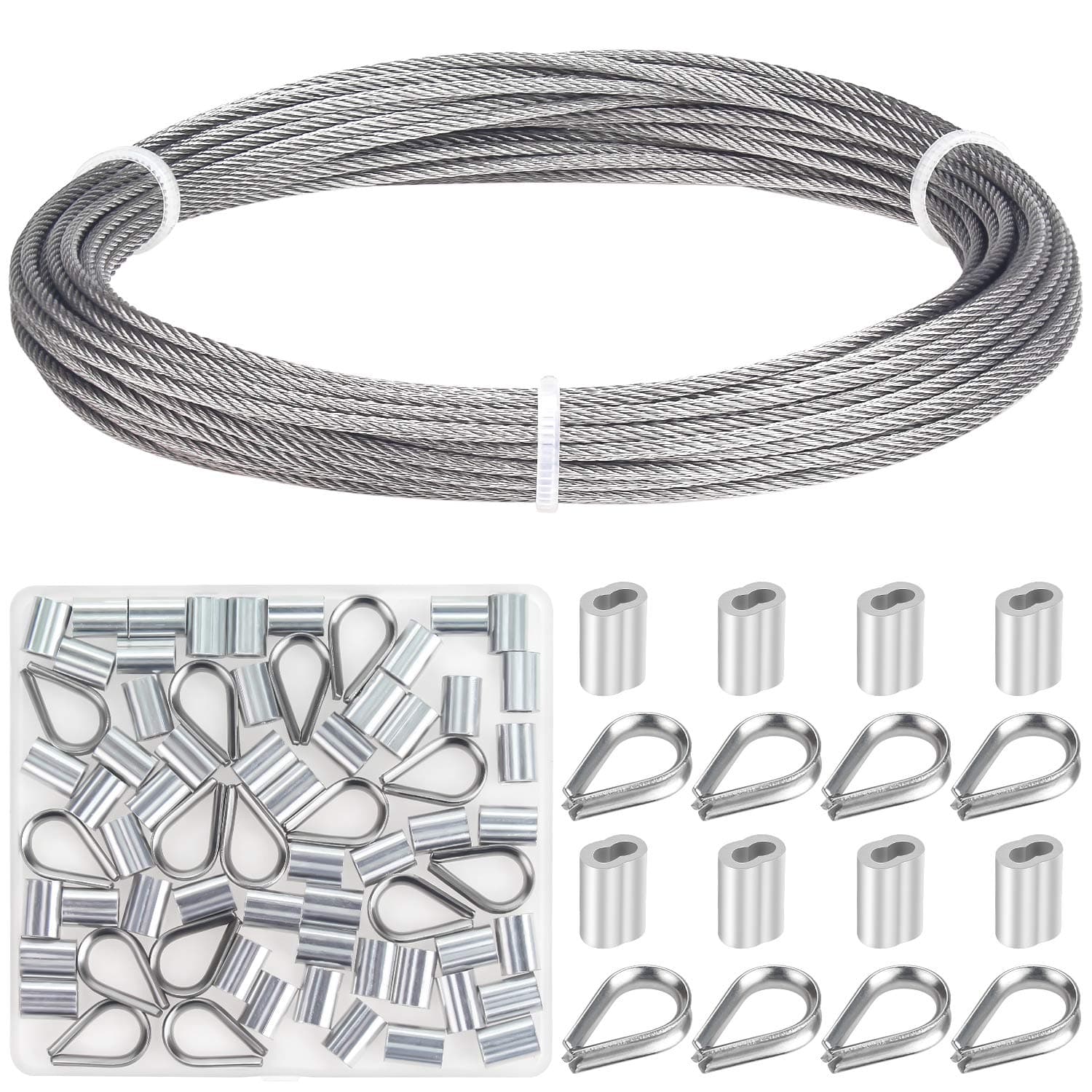 Cable Railing Kits Includes 1/16 Inch x 33 Feet 304 Stainless Steel Wire Rope Cable, 50 Pieces Aluminum Crimping Sleeves and 12 Pieces Thimble for Railing, Decking, Picture Hanging