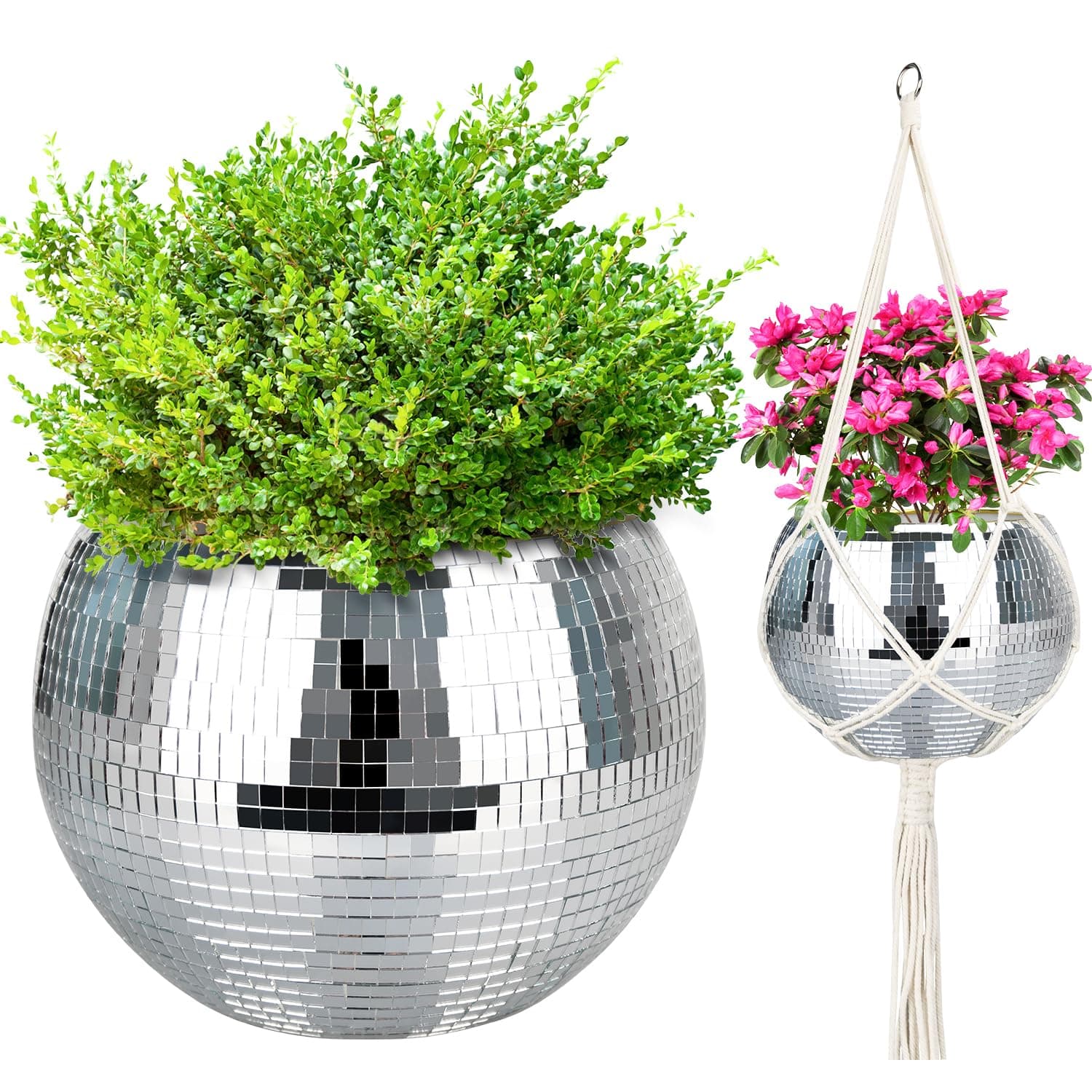 Disco Ball Planter, 1pcs 10” Silver Disco Ball Planter, Disco Ball Plant Hanger with Hanging Rope, Hanging Chain, Hook, Circle and Extra Mirror Pieces