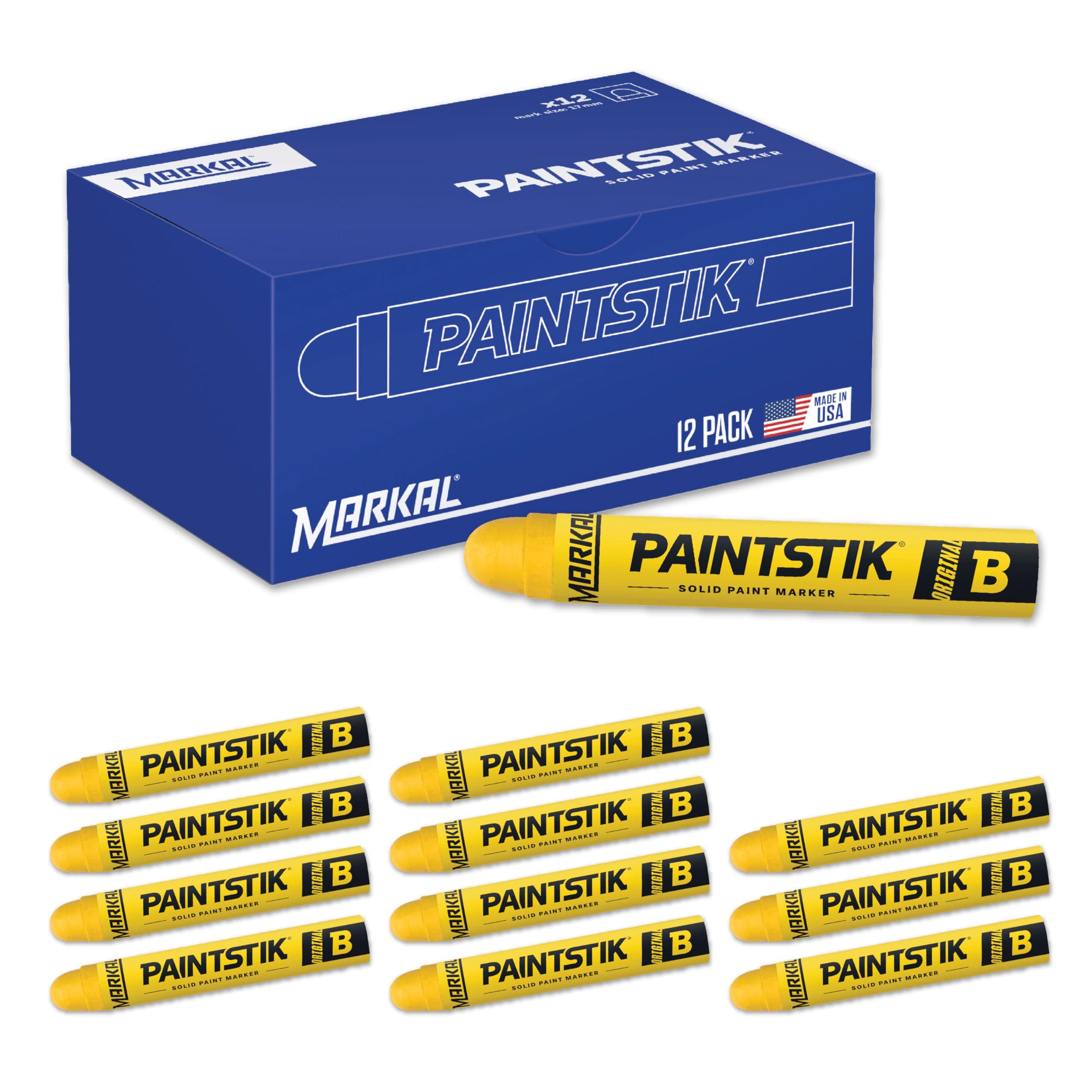 Markal 80221 B Paintstik Solid Paint Ambient Surface Marker, Yellow, 11/16" x 4-3/4" (Pack of 12)