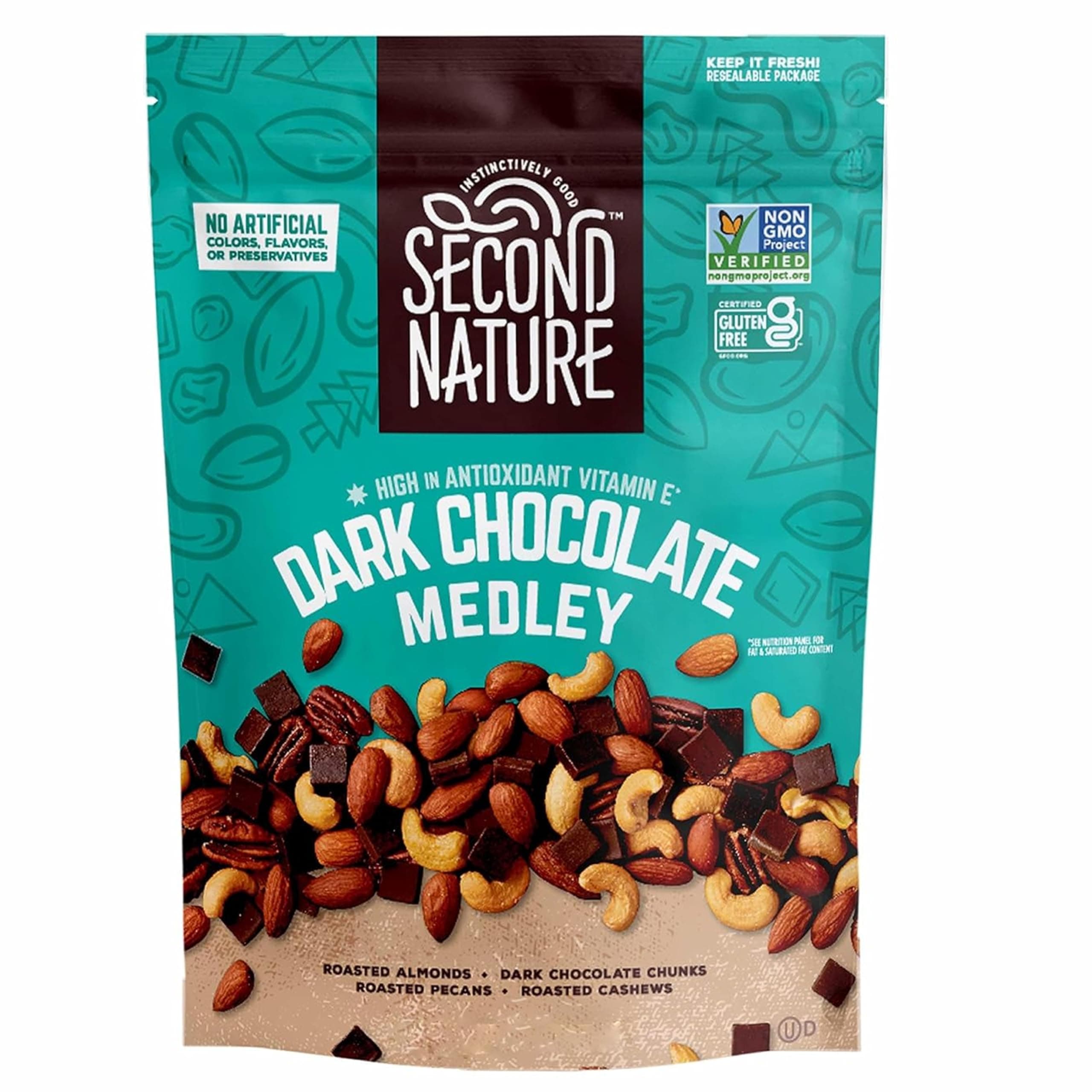 Second Nature Dark Chocolate Medley Trail Mix - Snack Nut Blend, Gluten Free - 12 oz Resealable Standup Pouch