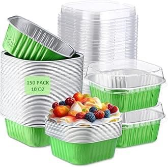 Aoriher 150 Pieces 10 oz Mini Cake Pans with Lids Aluminum Foil Baking Cups Square Disposable 4" x 4" Large Cupcake Cups Baking Tins for Kitchen Brownie Pudding Desserts Holders(Green)