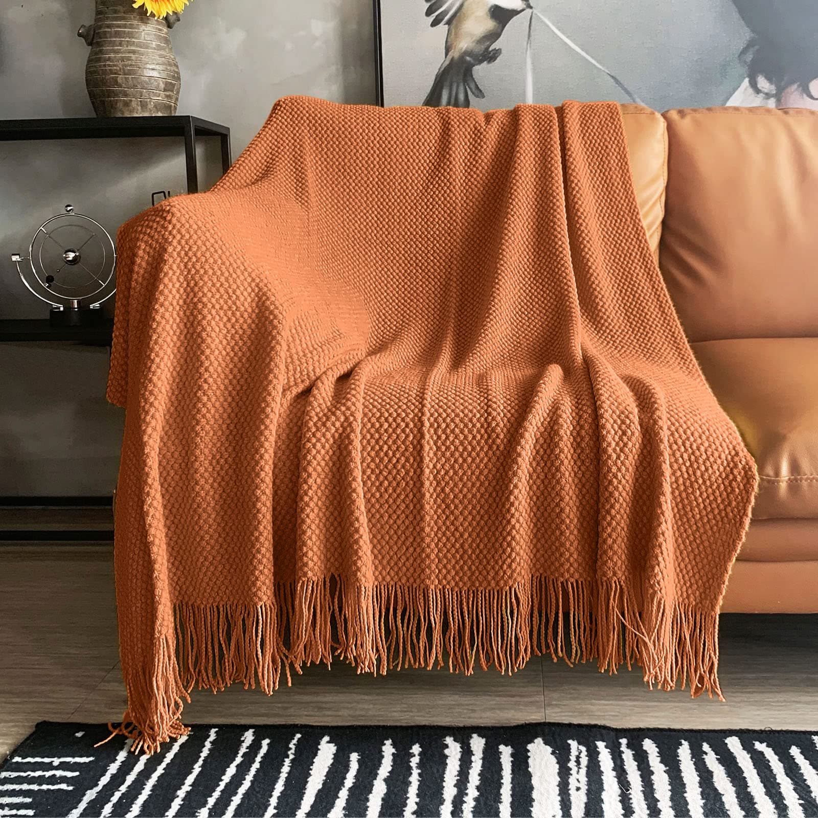 Knitted Throw Blanket with Tassels Bubble Textured Lightweight Throws for Couch Cover Home Decor (Orange, 50x60)