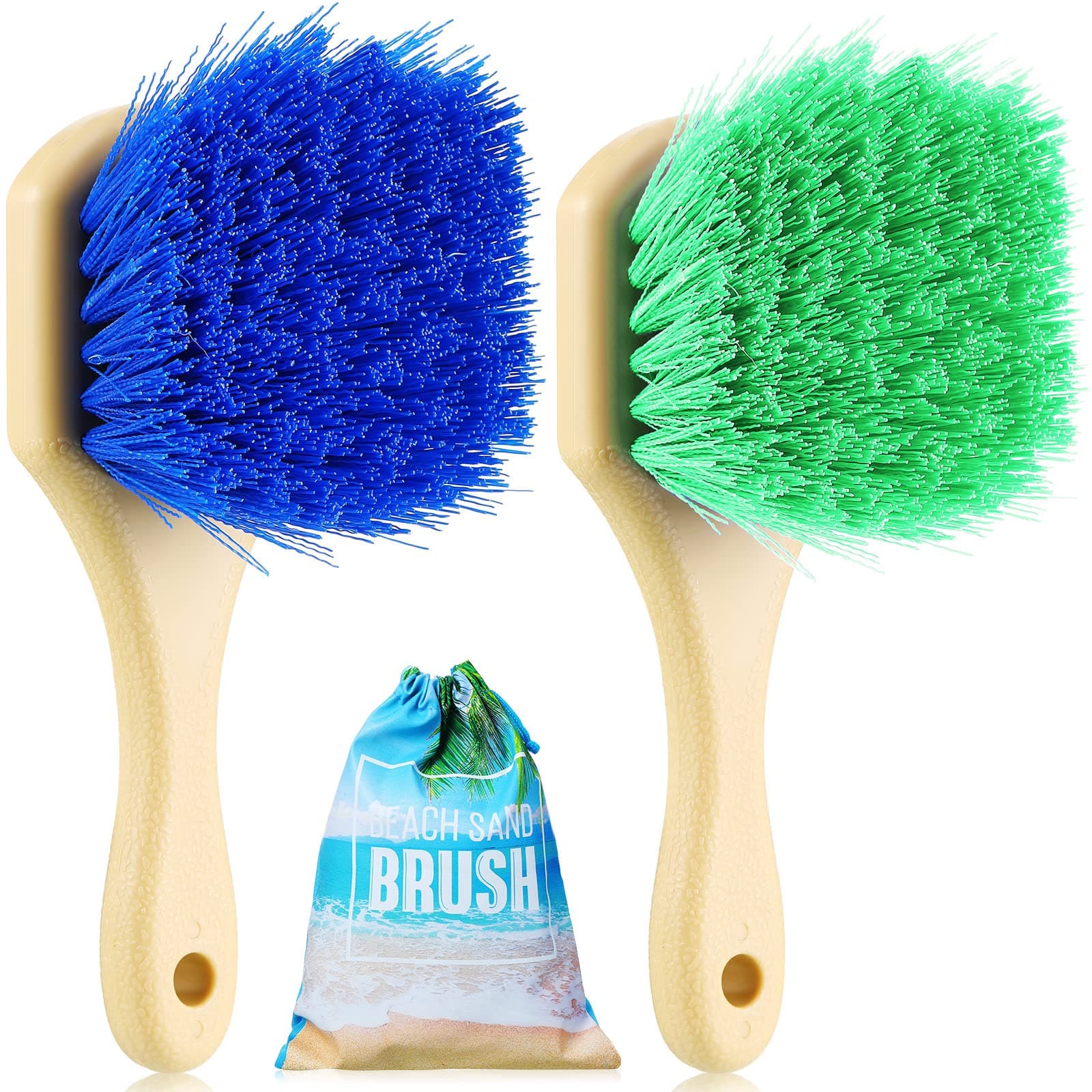 Remerry 2 Pcs Beach Sand Remover Brush with Drawstring Bag, Beach Accessories Scrub Brushes for CleaningSoft Bristle Brush for Summer Vacation Water Sports Volleyball Party (Blue and Green)