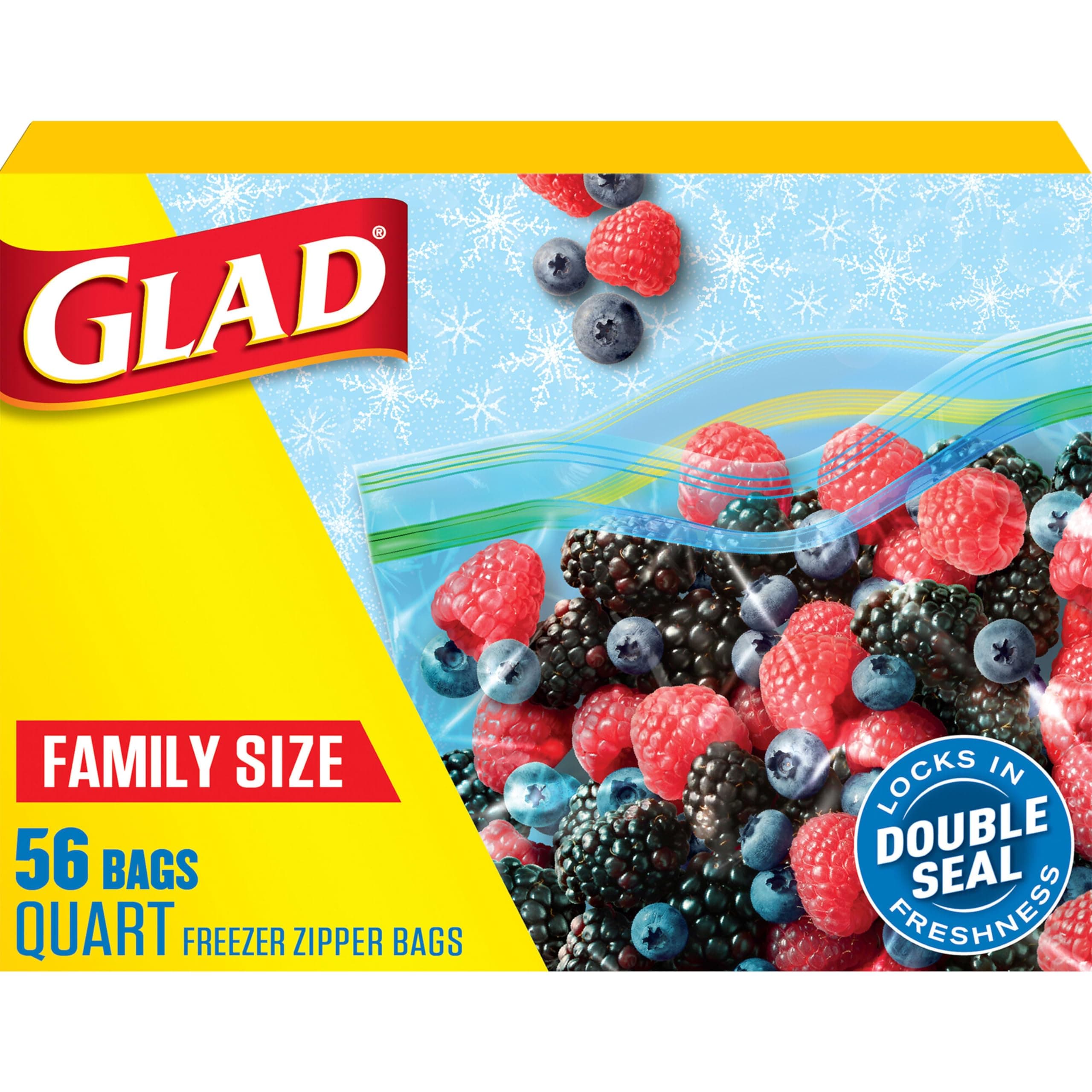 Glad Zipper Freezer Storage Plastic Bags, Quart, 56 Count, Pack of 4 (Packaging May Vary)