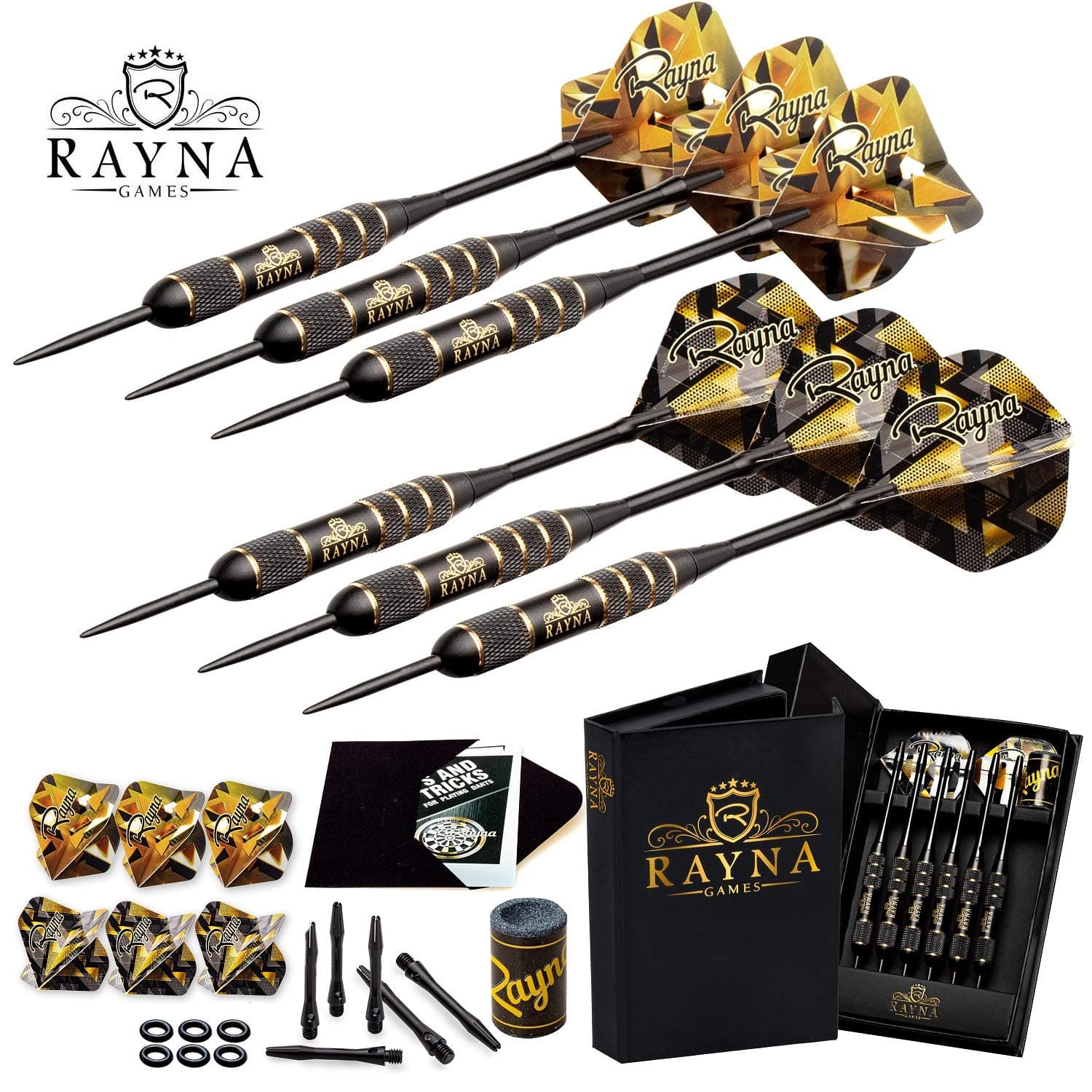 Professional Steel Tip Darts Set with GlFT Accessories Case - Throwing Darts with Adjustable Length - 6 Brass Barrels 20 Grams + 12 Aluminum Shafts 2 Sizes + 12 Flights + Dart Sharpener