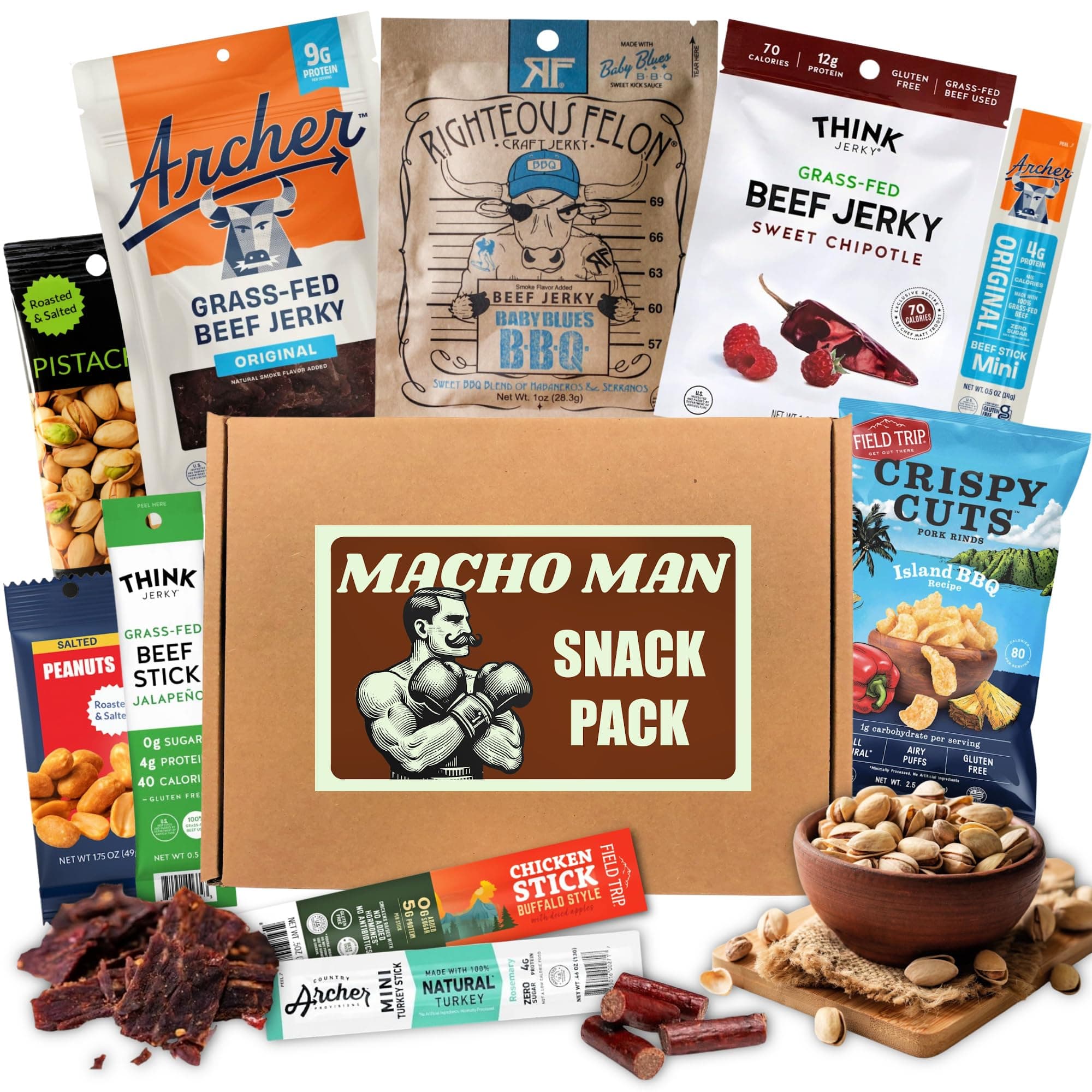 Macho Man Snack Pack Jerky Gift Box - High Protein Snacks for Men, Curated Beef Jerky Assortment Gift Box for Men, Husband, Dad, Boyfriend, Low Carb Keto