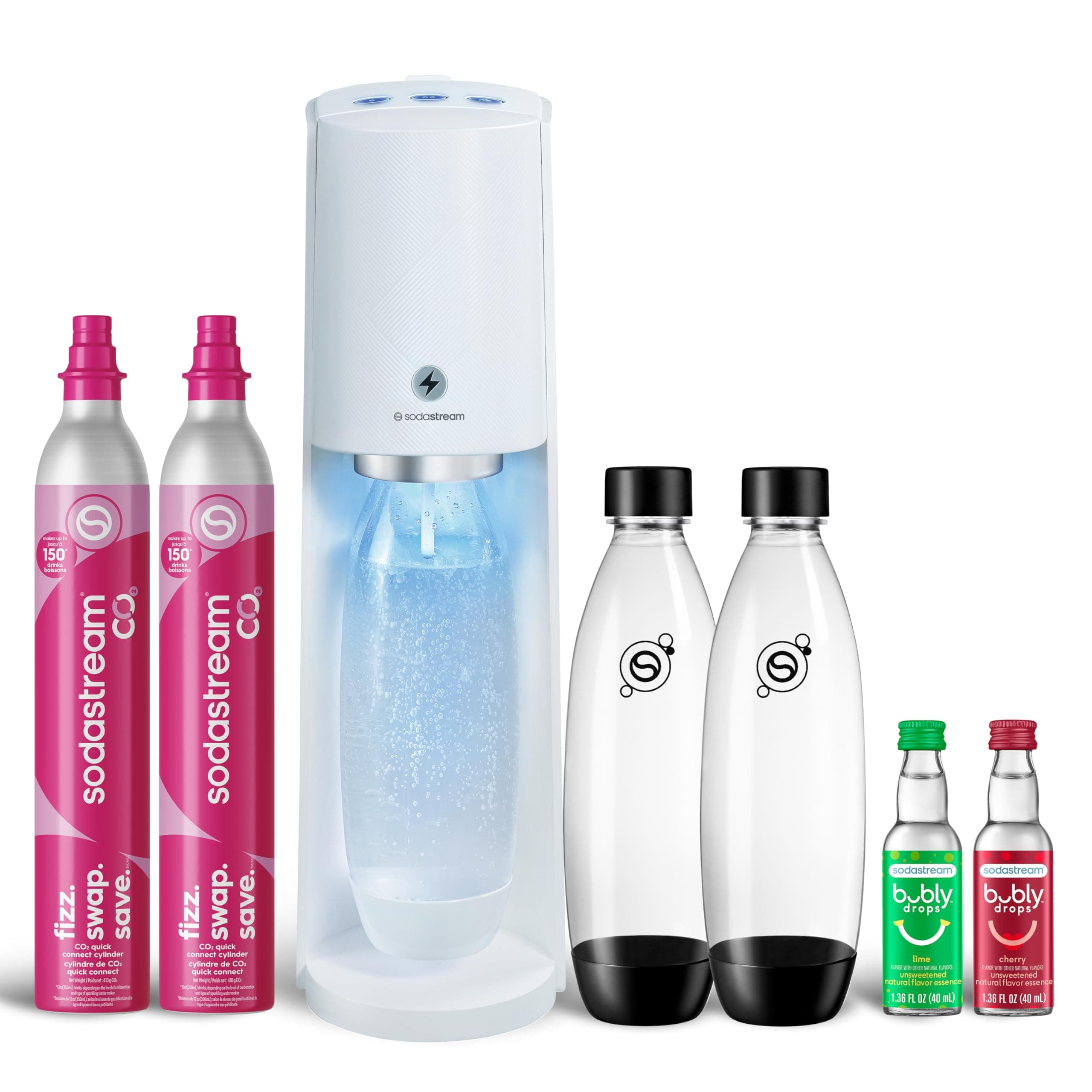 E-TERRA Sparkling Water Maker Bundle (White), with CO2, Carbonating Bottles, and bubly Drops Flavors